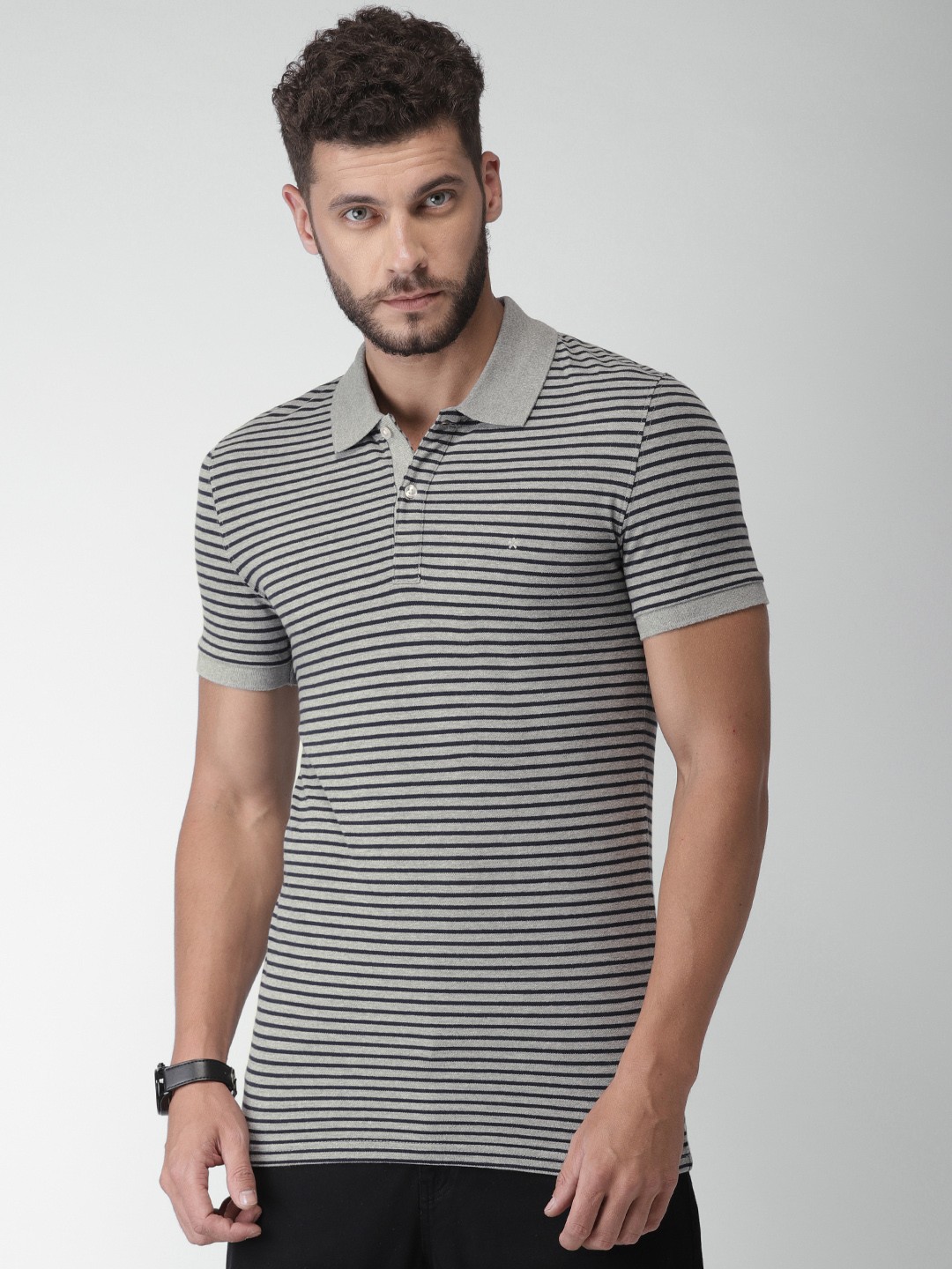 

Celio Men Grey & Black Striped Polo T-shirt