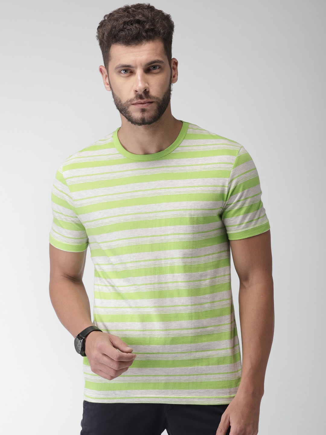 

Celio Men Green & Grey Striped Round Neck T-shirt