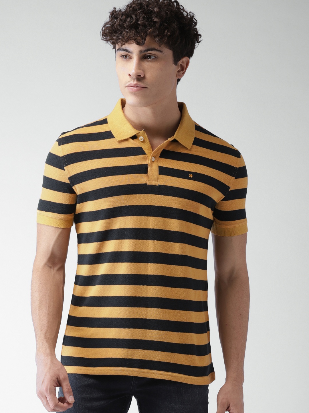 

Celio Men Mustard Yellow Navy Blue Striped Polo Collar Pure Cotton T-shirt