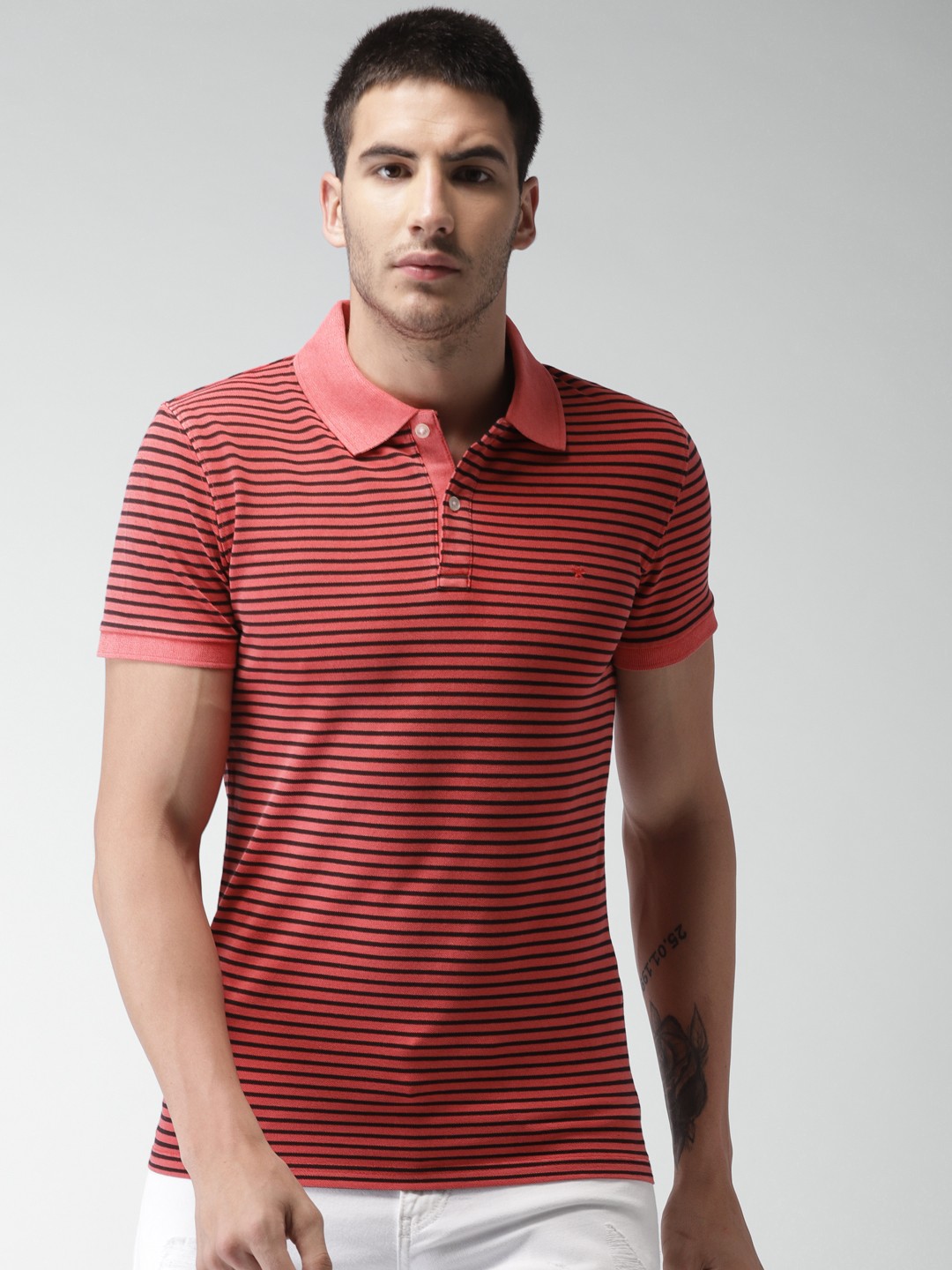

Celio Men Red & Blue Striped Polo Collar T-shirt