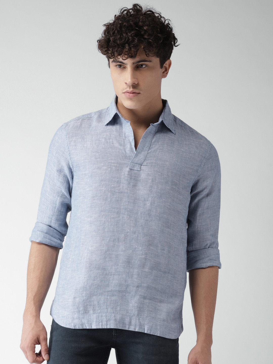 

Celio Men Blue Solid Pure Linen Short Sustainable Kurta