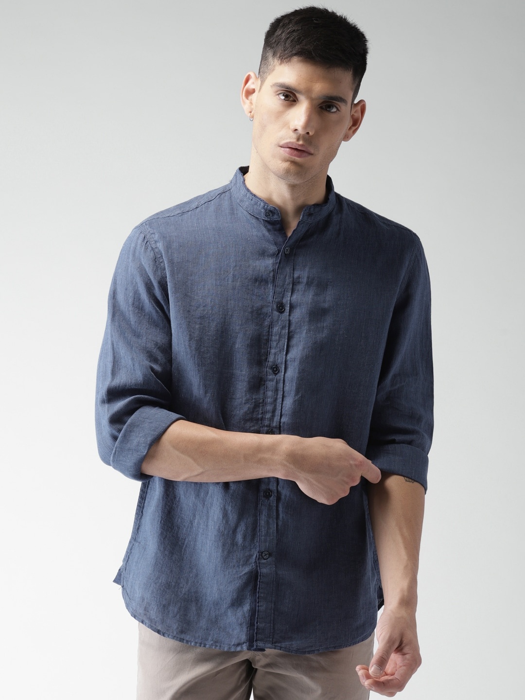 Celio Men Navy Blue Slim Fit Self-Striped Casual Pure Linen Sustainable Shirt