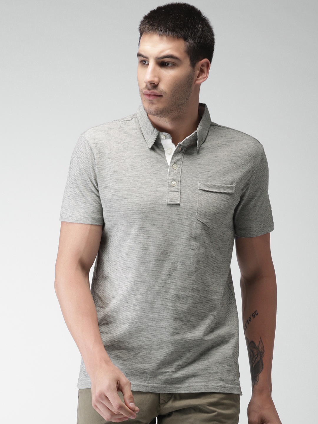 

Celio Men Grey White Striped Polo Collar Pure Cotton T-shirt