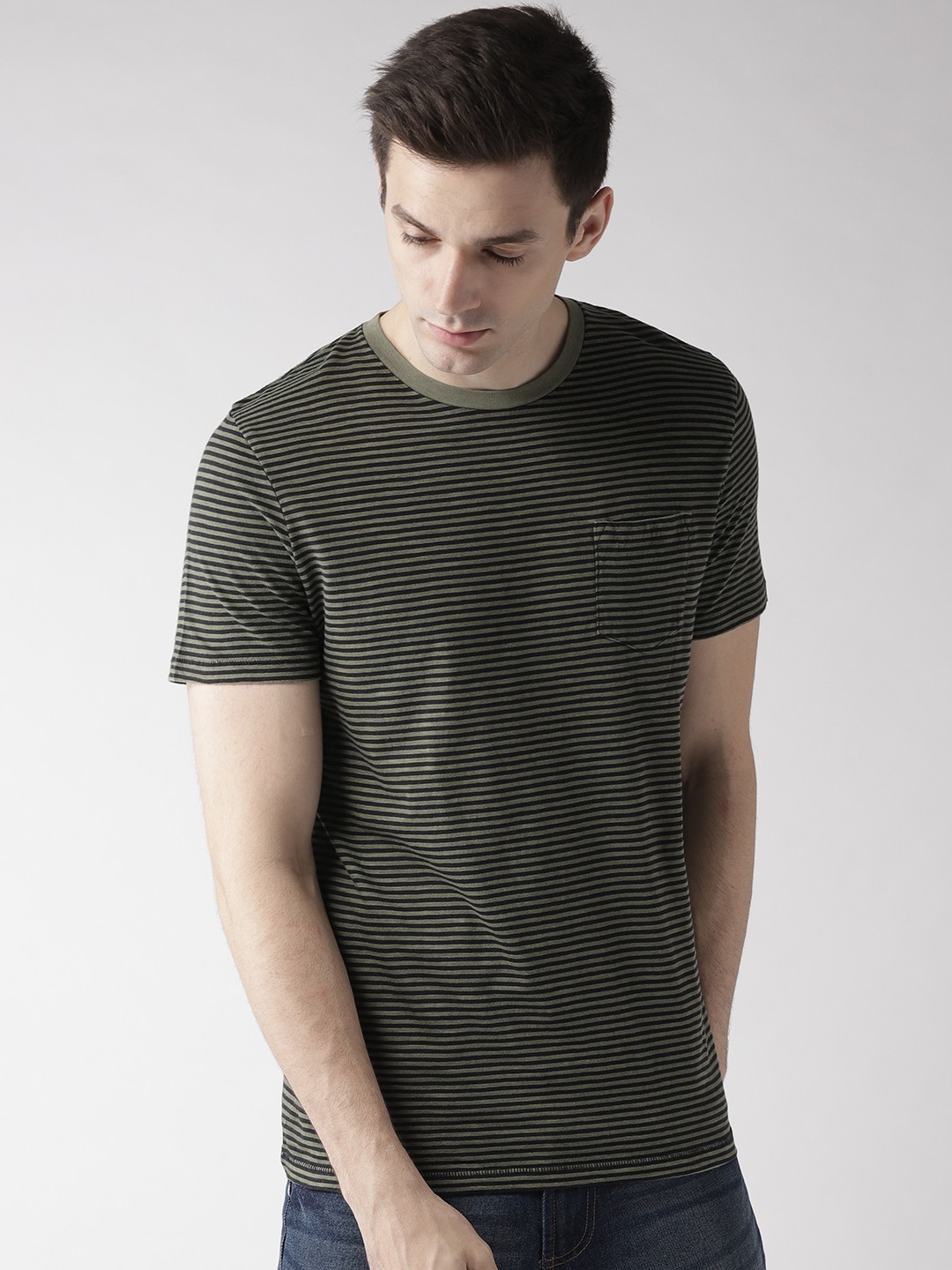 

Celio Men Olive Green Navy Blue Striped Round Neck Pure Cotton T-shirt