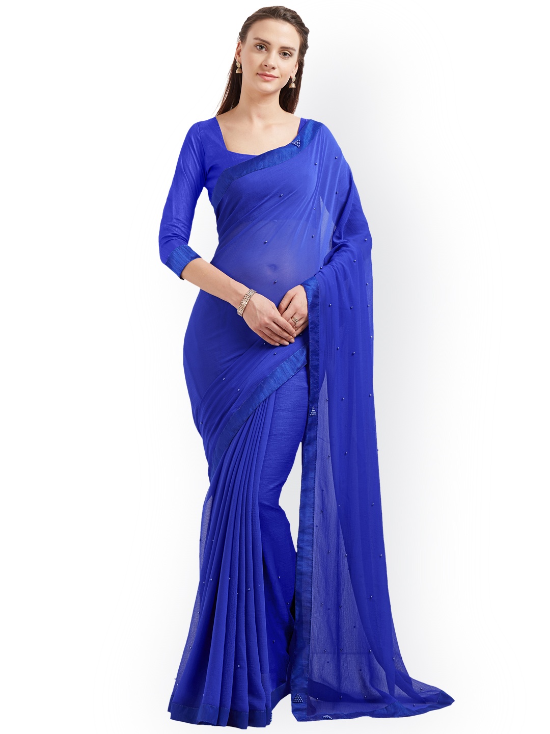

MIRCHI FASHION Blue Solid Poly Chiffon Saree