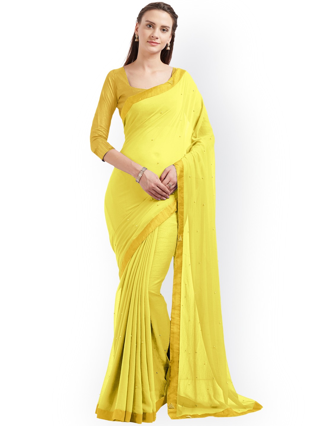 

MIRCHI FASHION Yellow Solid Poly Chiffon Saree