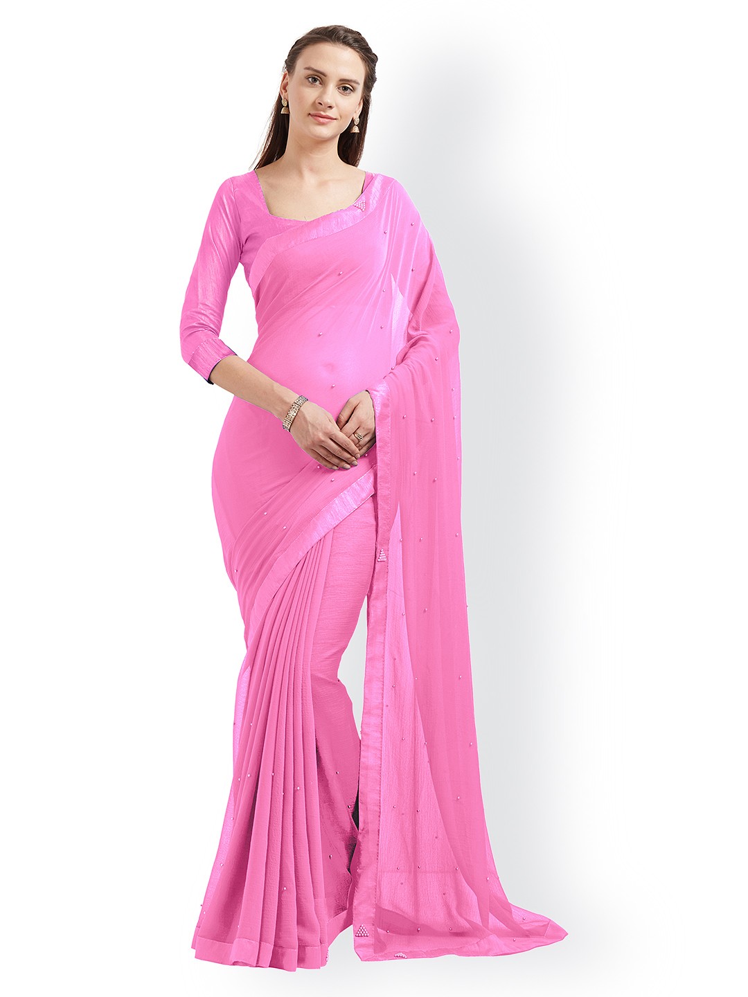 

MIRCHI FASHION Pink Soid Poly Chiffon Saree