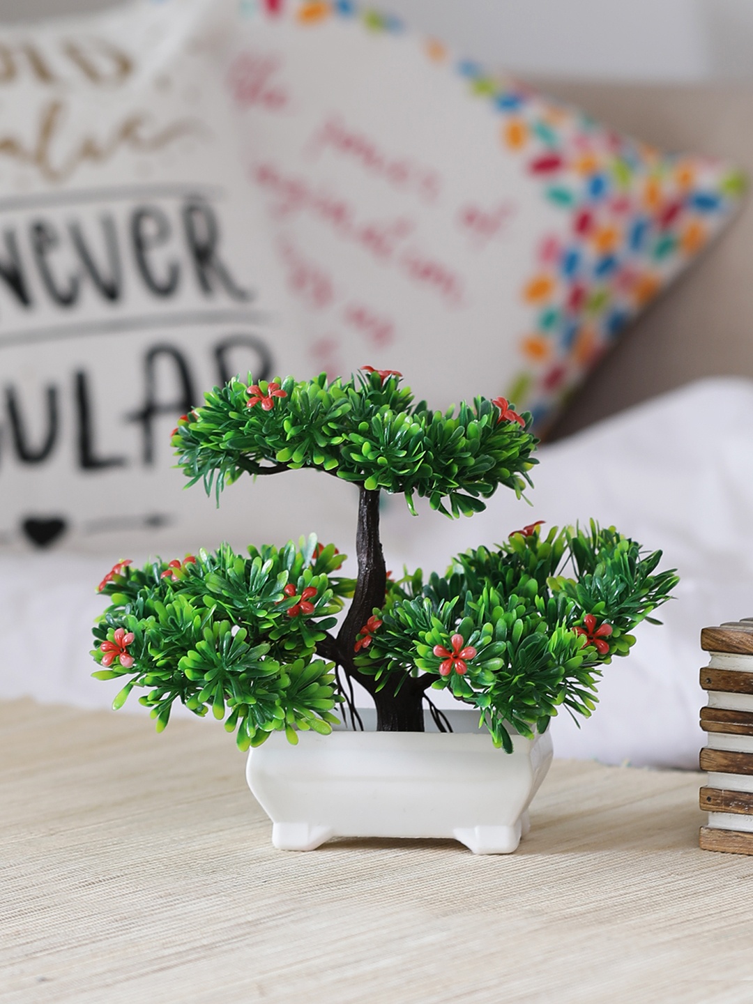 

FOLIYAJ Green Artificial Bonsai Tree with Plastic White Pot