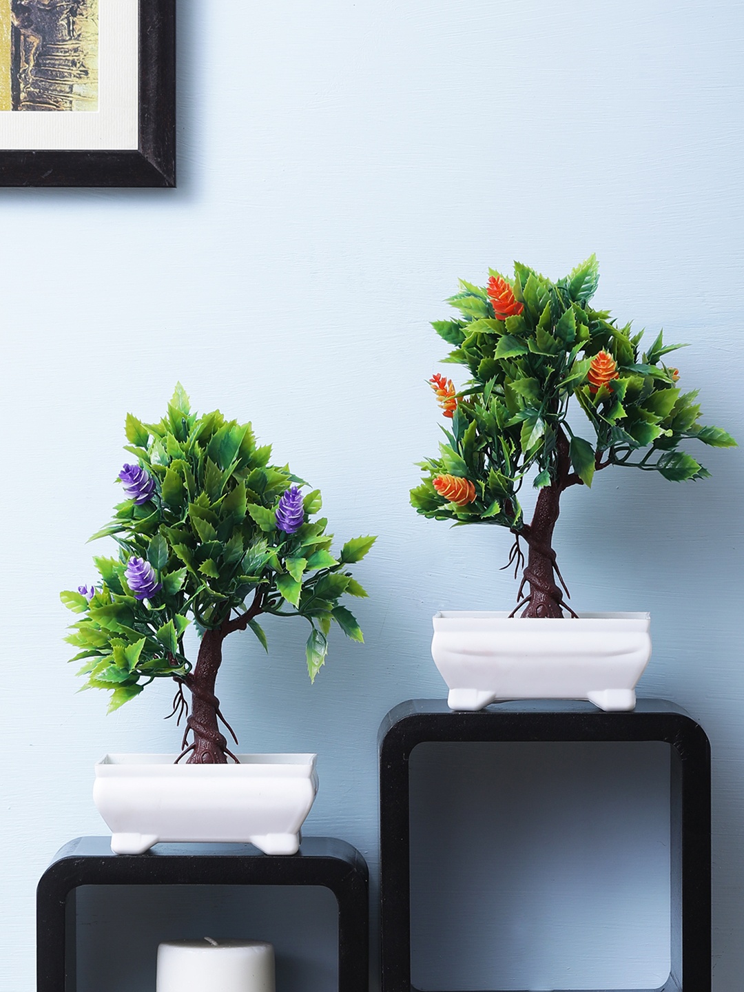 

FOLIYAJ Set Of 2 Green, Purple & Orange Artificial Shemrock Bonsai Tree with Plastic White Pot