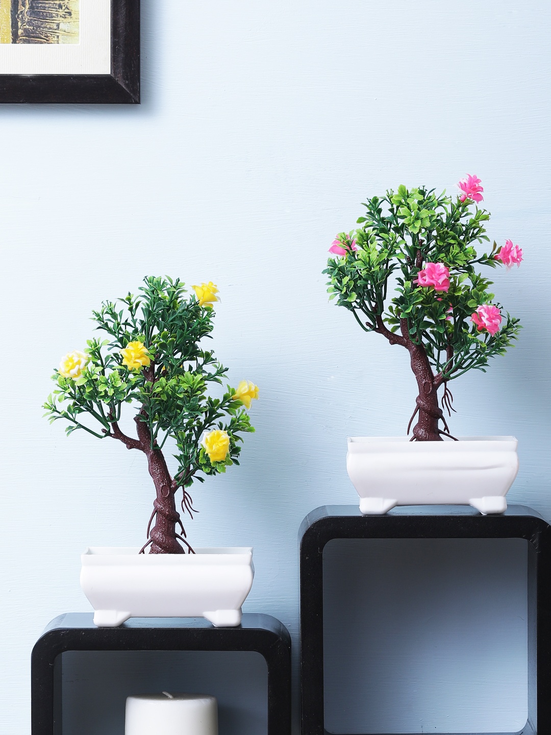 

FOLIYAJ Set Of 2 Green, Pink & Yellow Artificial Bonsai Tree with Plastic White Pot