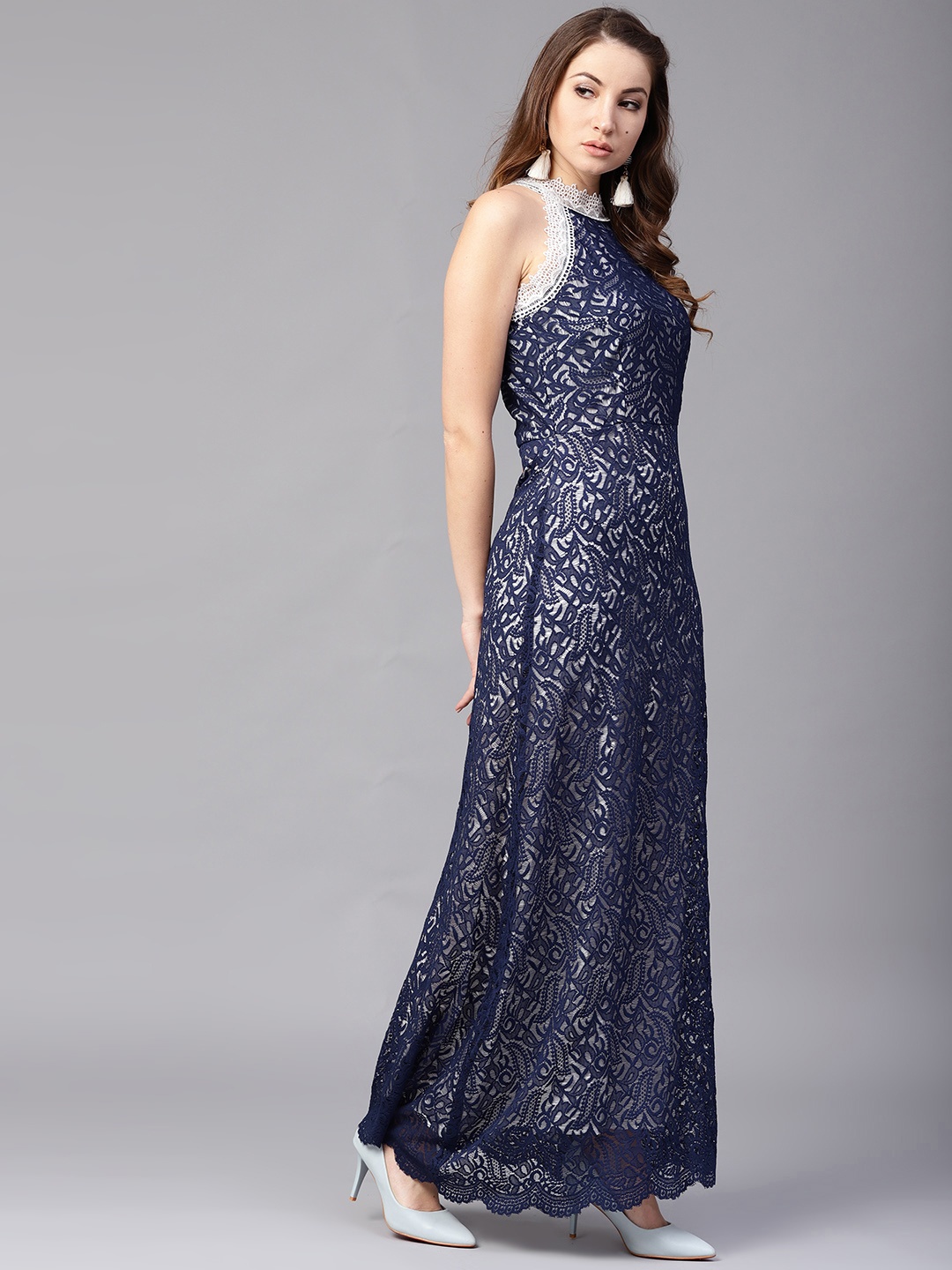 

Athena Women Navy Blue Self Design Lace Maxi Dress