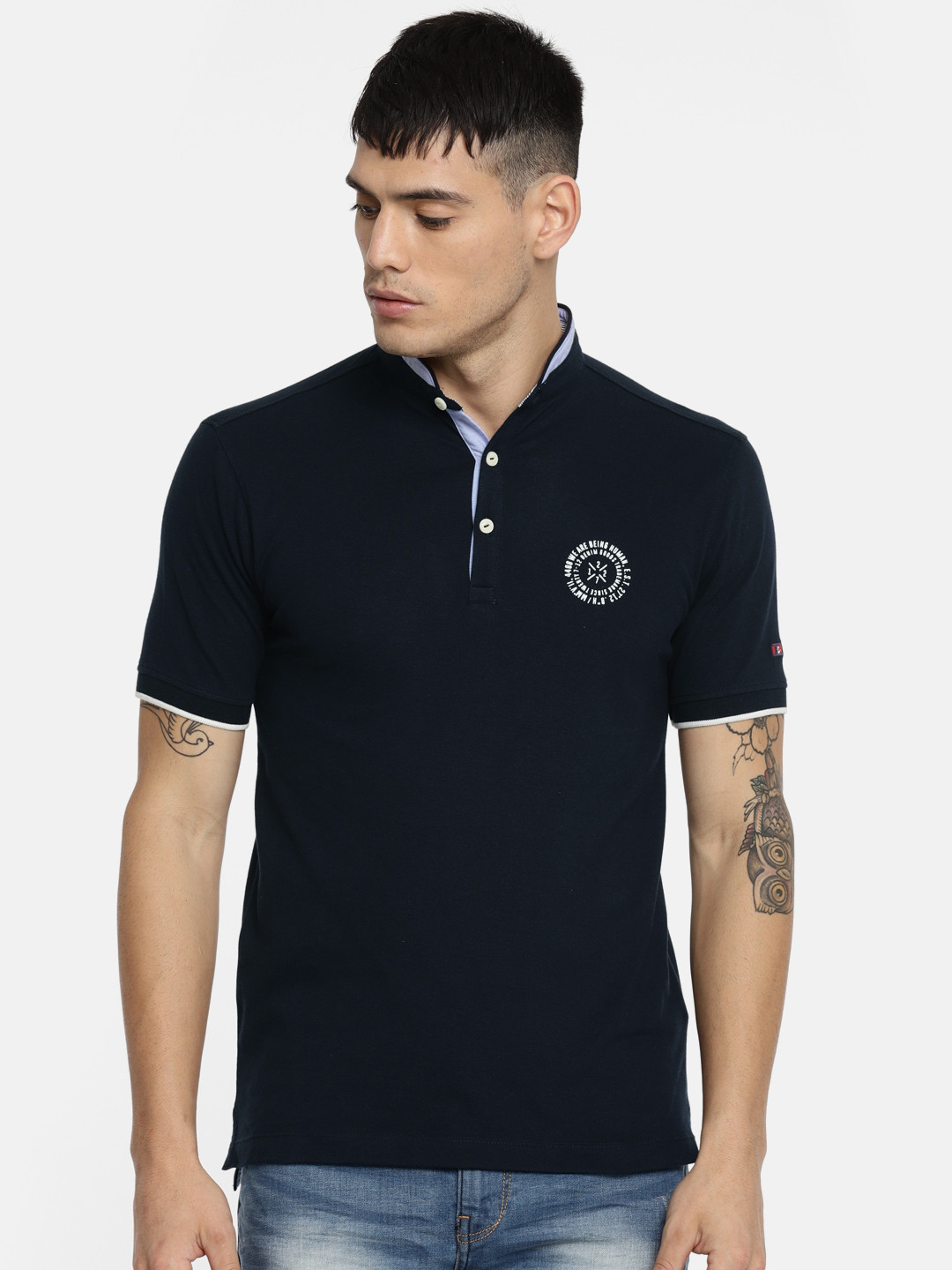 

Being Human Men Navy Blue Solid Slim Fit Mandarin Collar Pure Cotton T-shirt