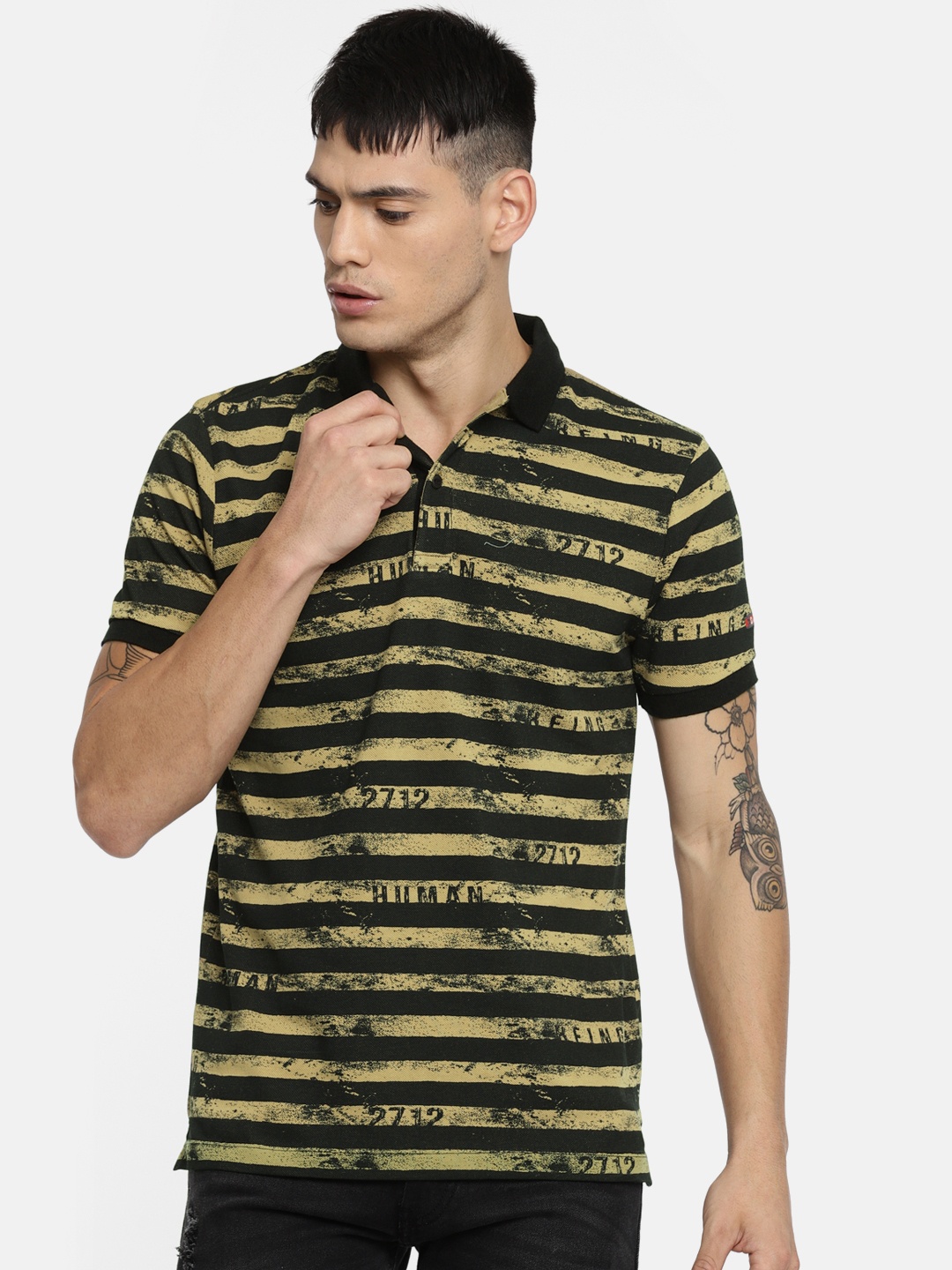 

Being Human Men Olive Green Black Striped Polo Collar Pure Cotton T-shirt