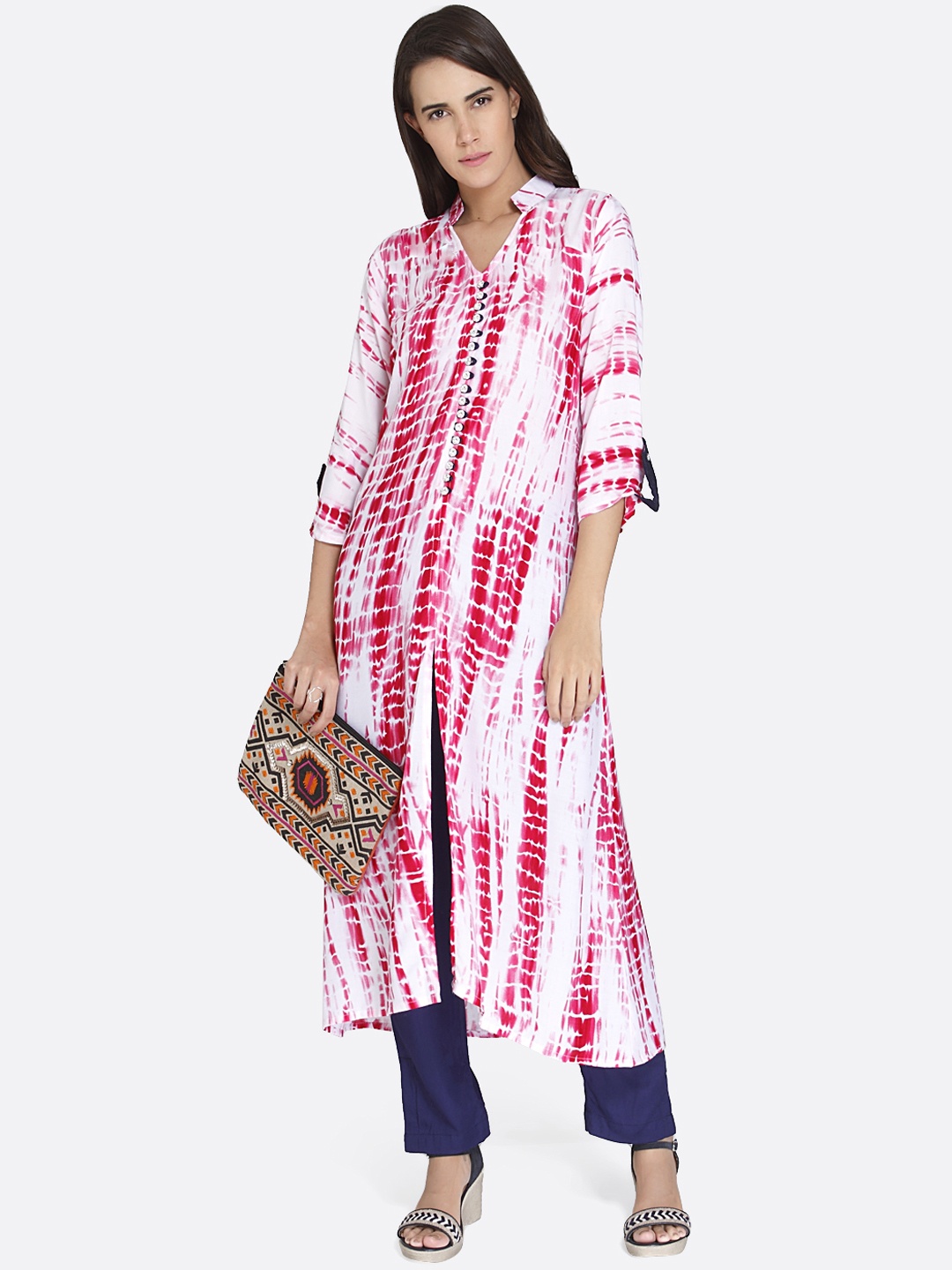 

shiloh Women White & Pink Printed A-Line Kurta