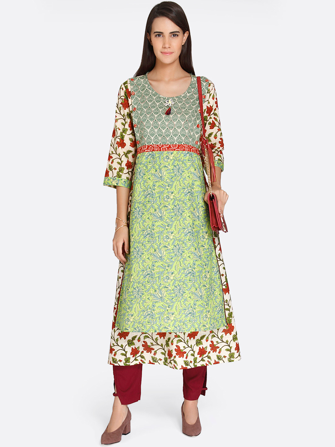 

shiloh Women Green & Cream-Coloured Printed A-Line Kurta
