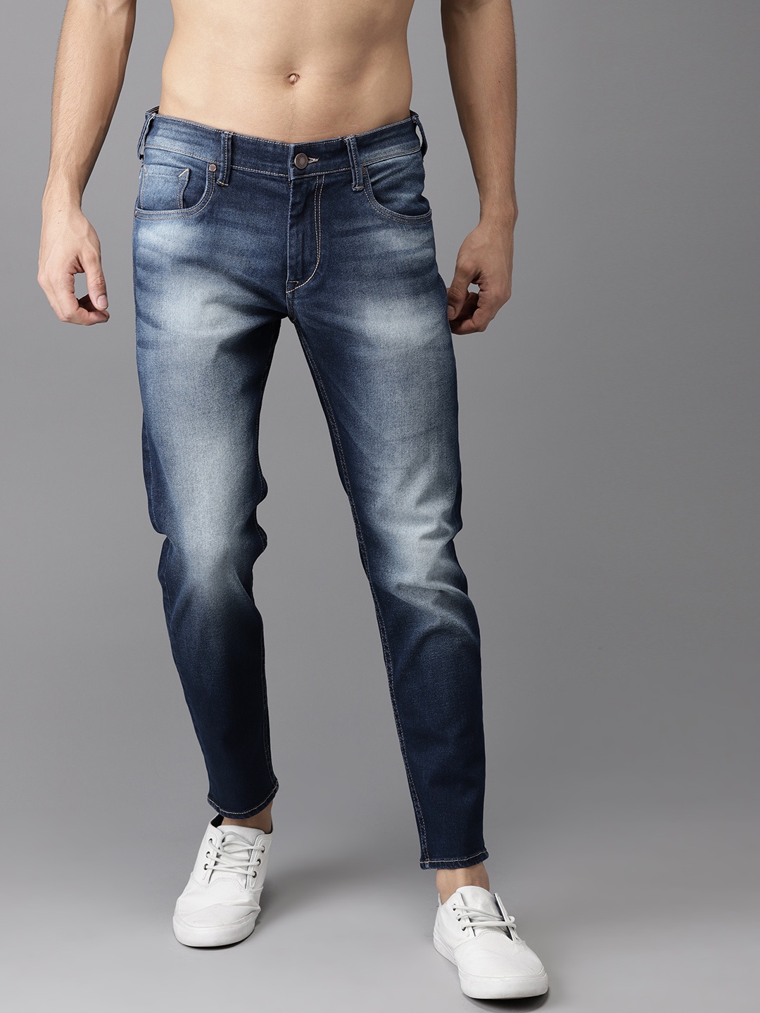 

HERE&NOW Men Blue Cropped Slim Tapered Fit Mid-Rise Clean Look Stretchable Jeans