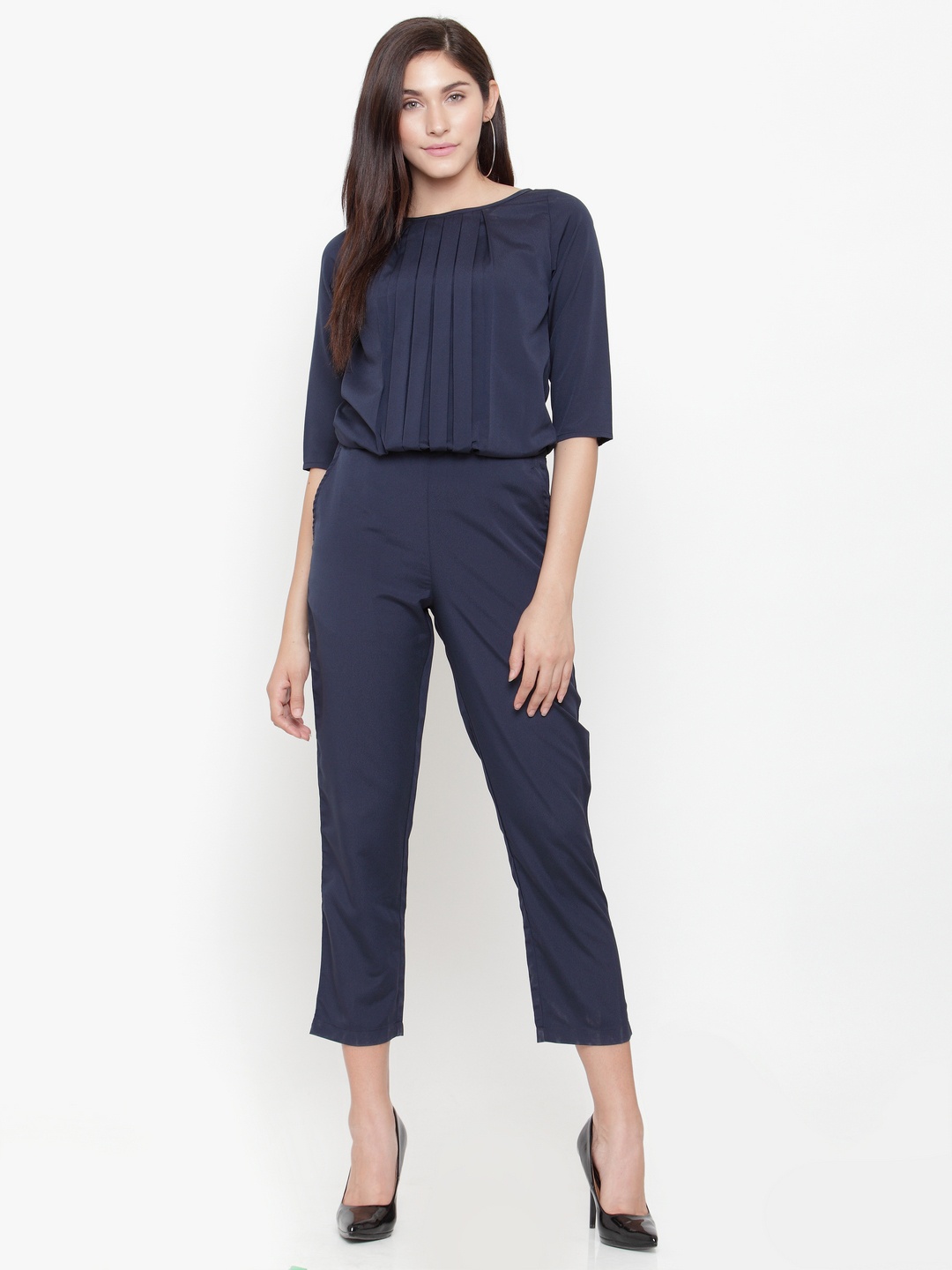 

Magnetic Designs Navy Blue Self Design Basic Jumpsuit