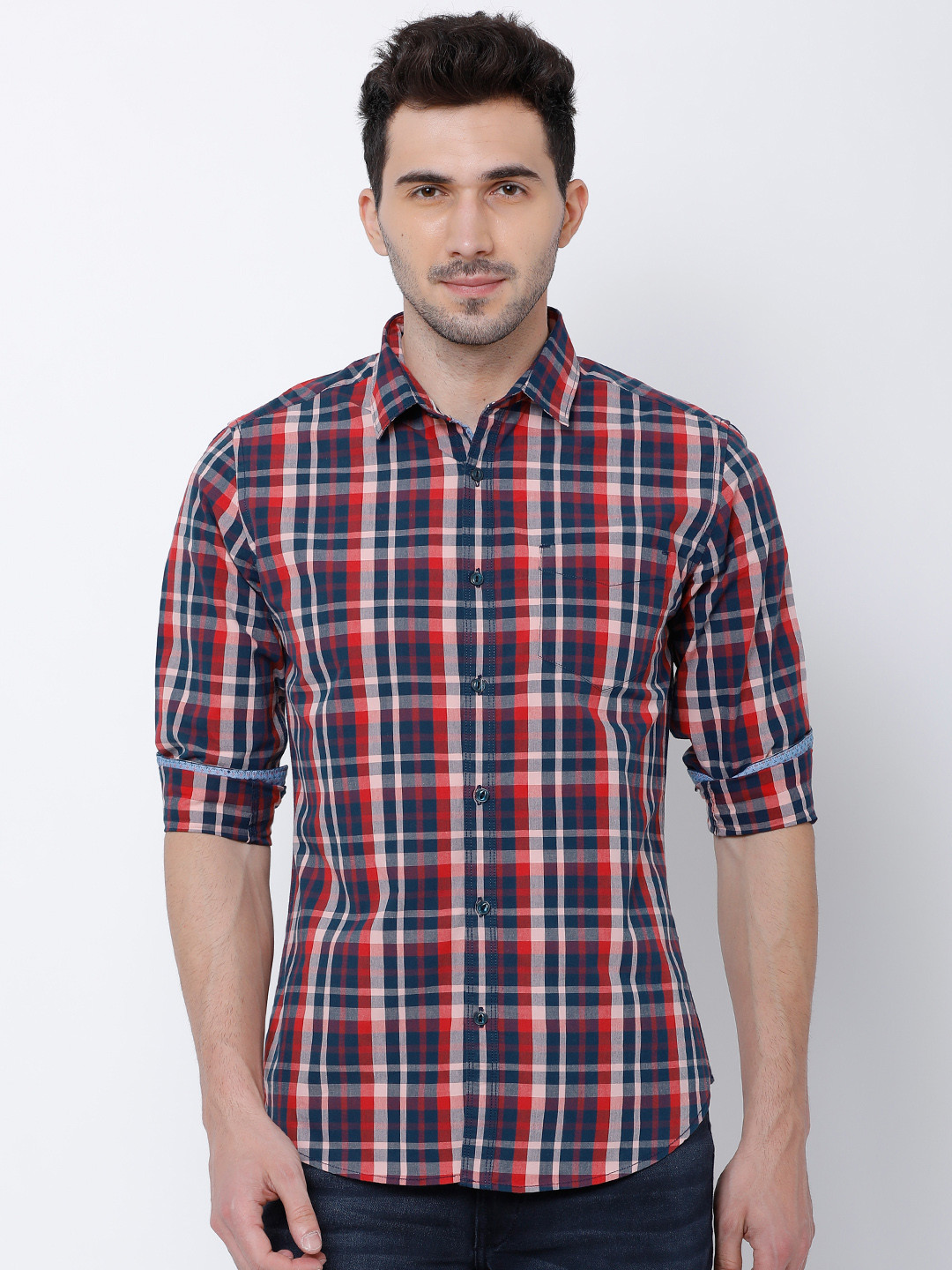 

LOCOMOTIVE Men Navy Blue & Maroon Slim Fit Checked Casual Shirt
