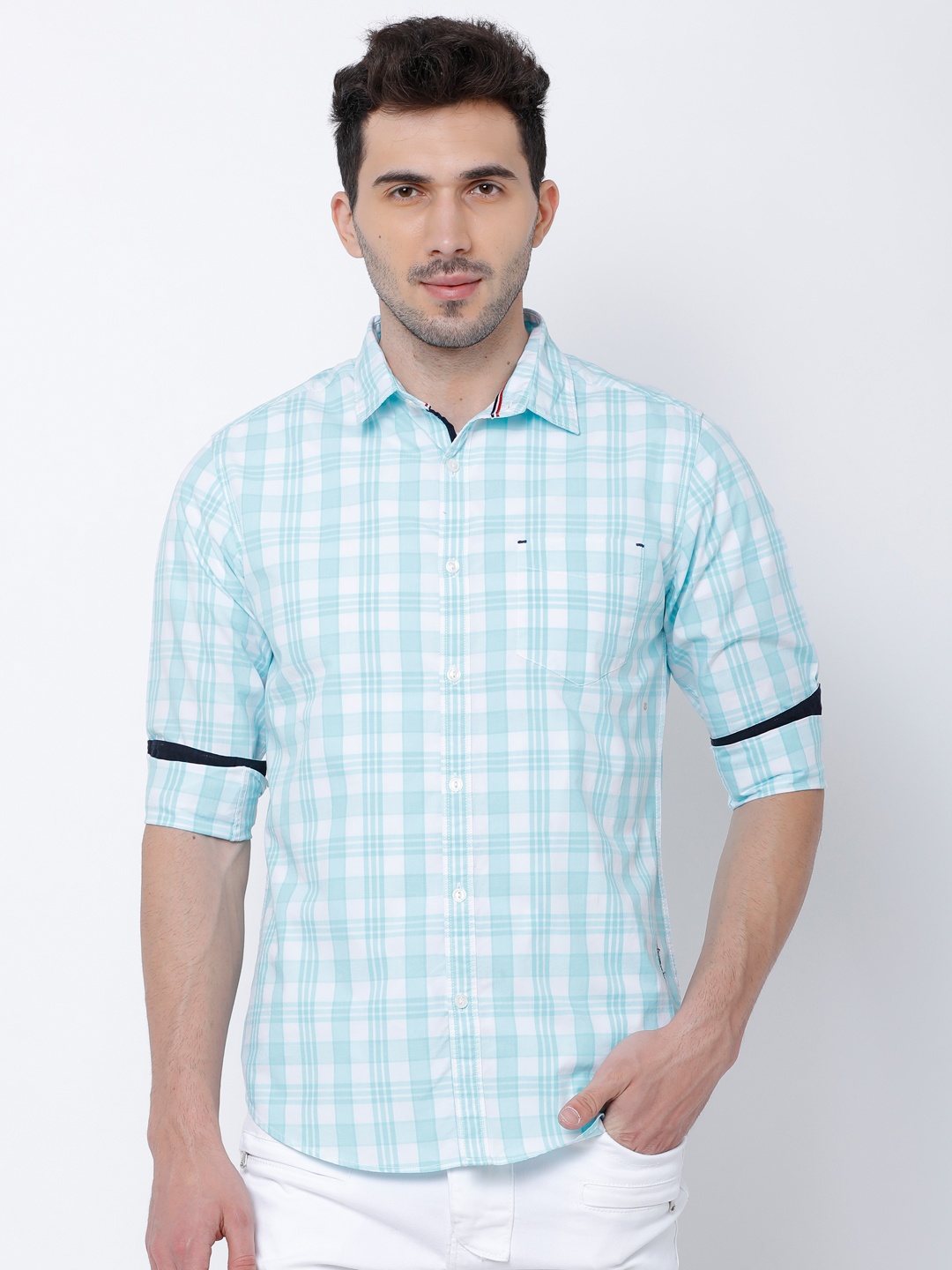 

LOCOMOTIVE Men Sea Green & White Slim Fit Checked Casual Shirt