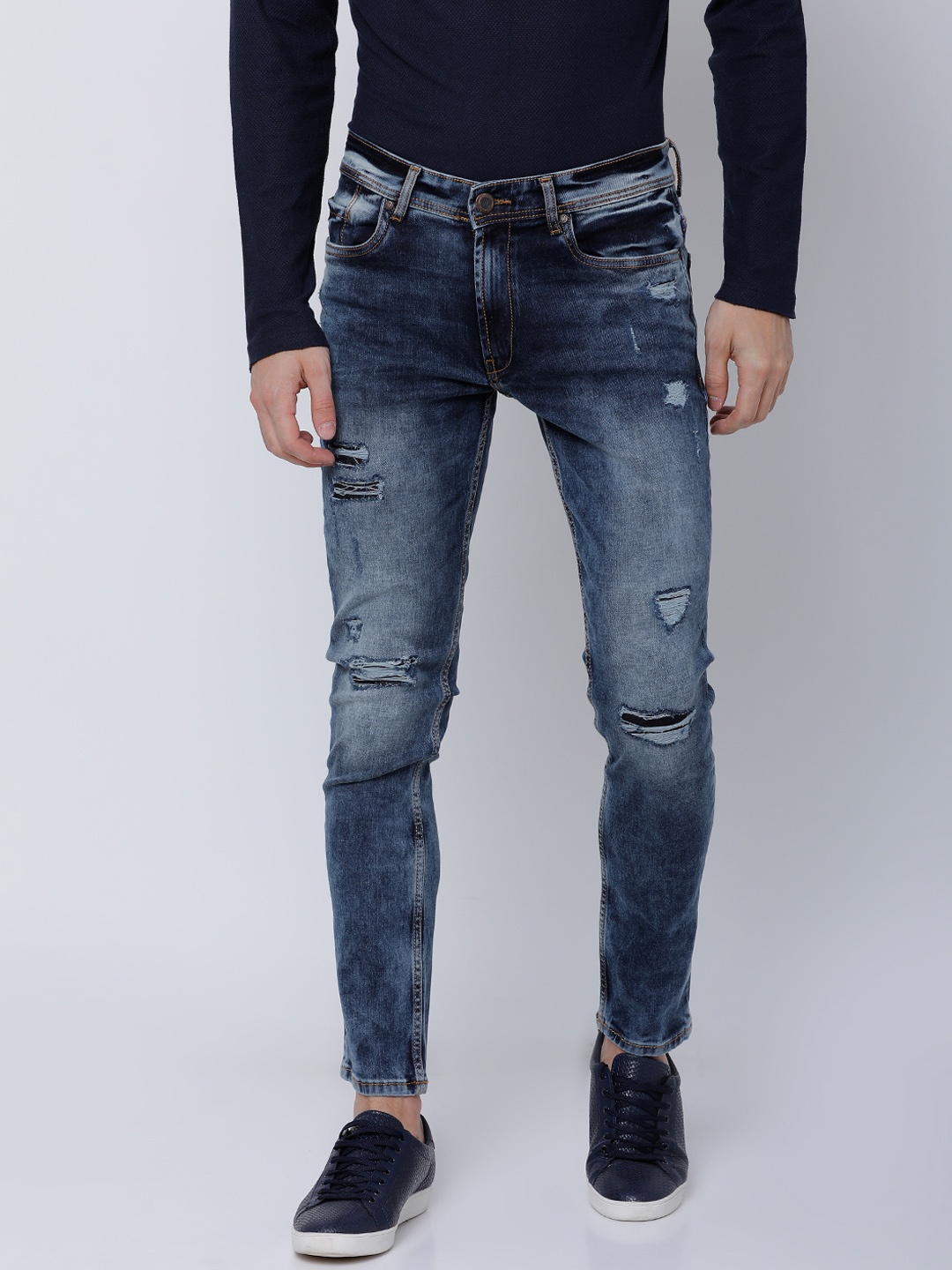 

LOCOMOTIVE Men Blue Slim Fit Mid-Rise Highly Distressed Stretchable Jeans