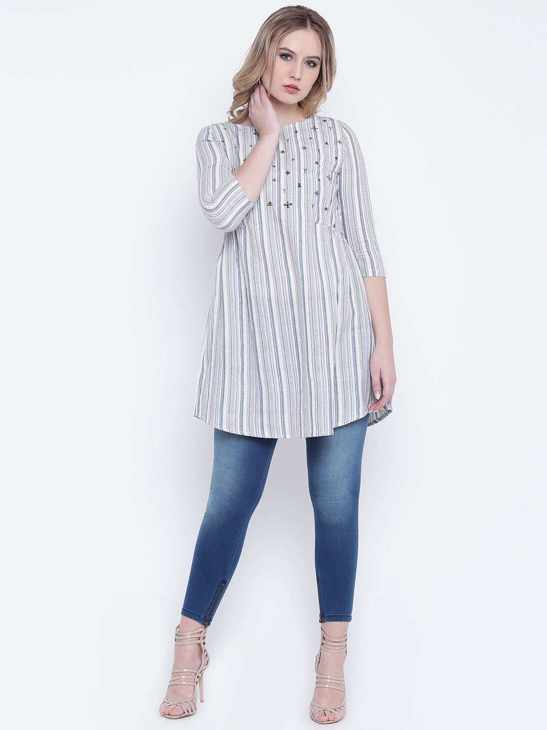 

Wills Lifestyle Off-White & Green Striped Tunic