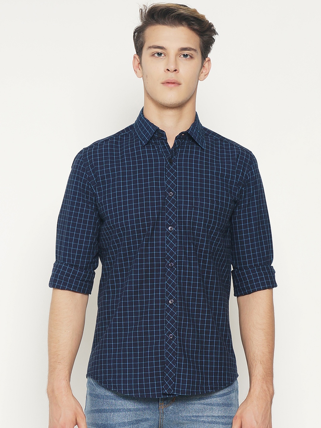 

IVOC Men Navy Blue Slim Fit Checked Casual Shirt