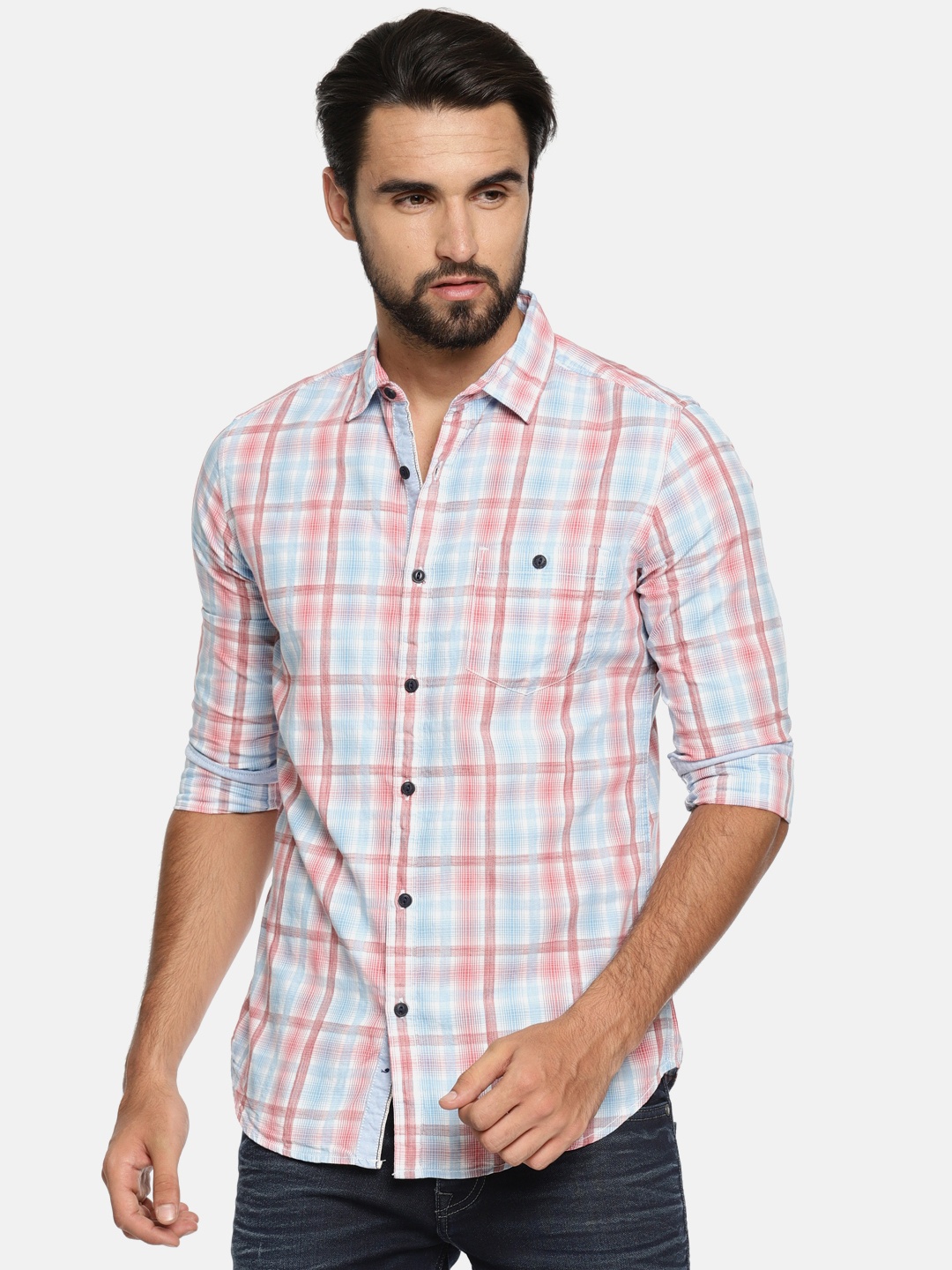 

LOCOMOTIVE Men Red & Blue Slim Fit Checked Casual Shirt