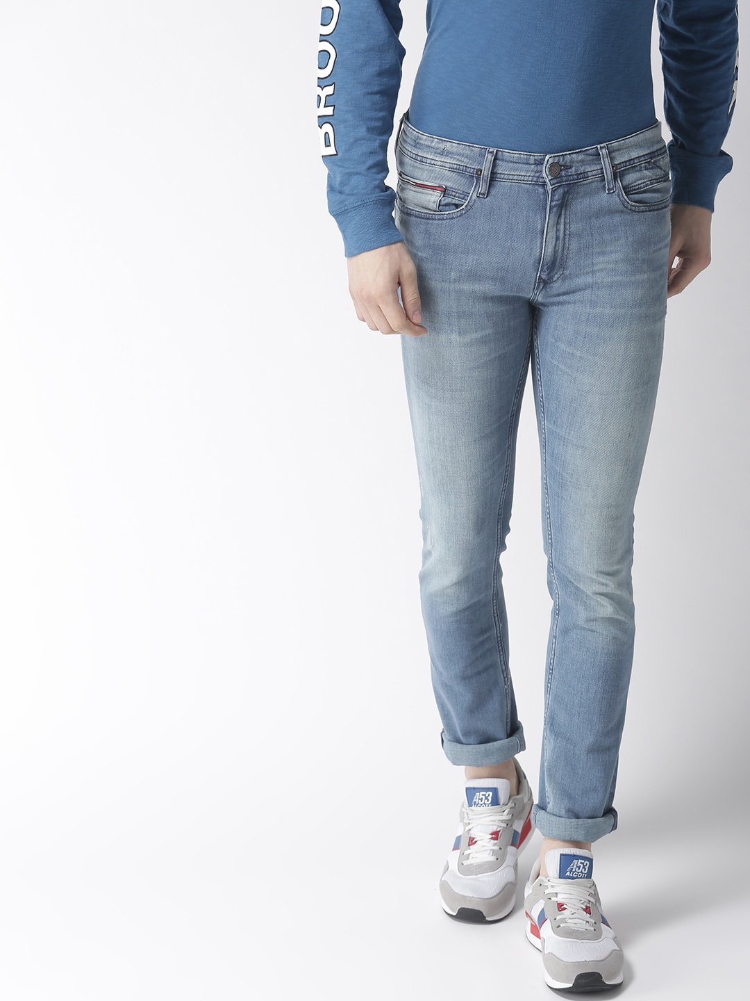 

Tommy Hilfiger Men Blue Slim Fit Mid-Rise Low Distress Stretchable Jeans