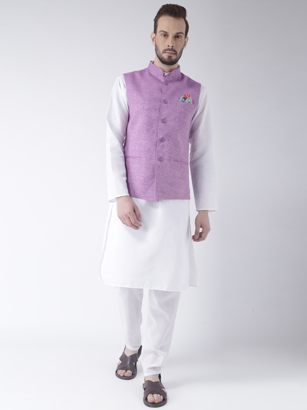 

Hangup Men White & Purple Solid Kurta with Pyjamas