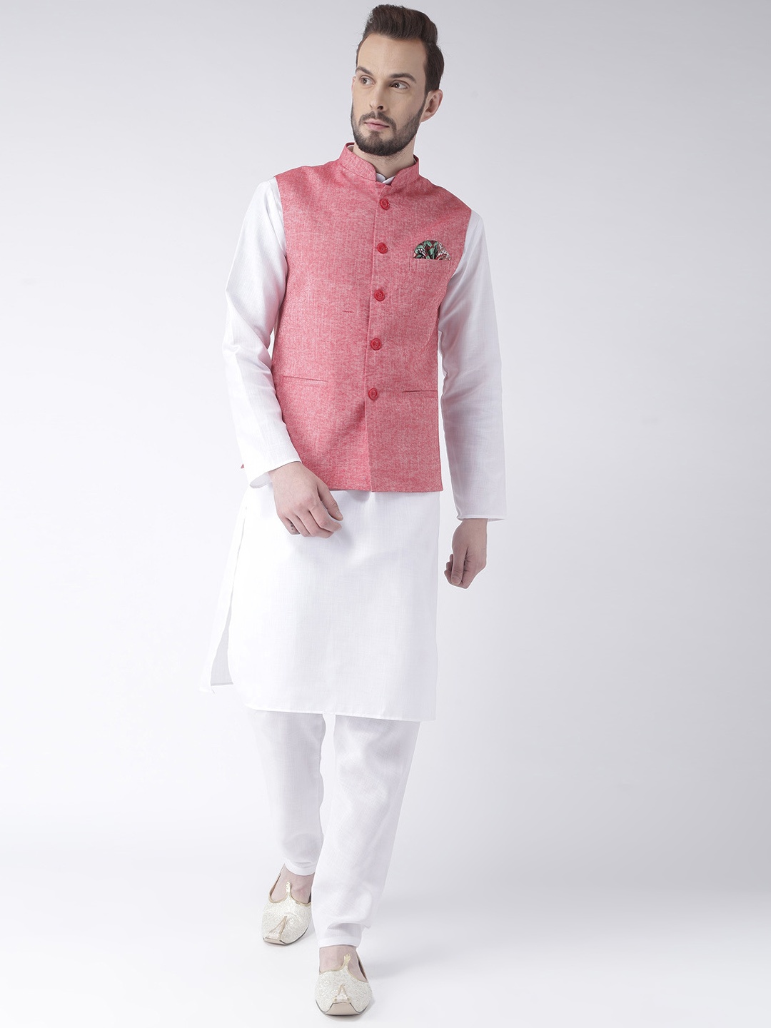 

Hangup Men White & Pink Solid Kurta with Pyjamas