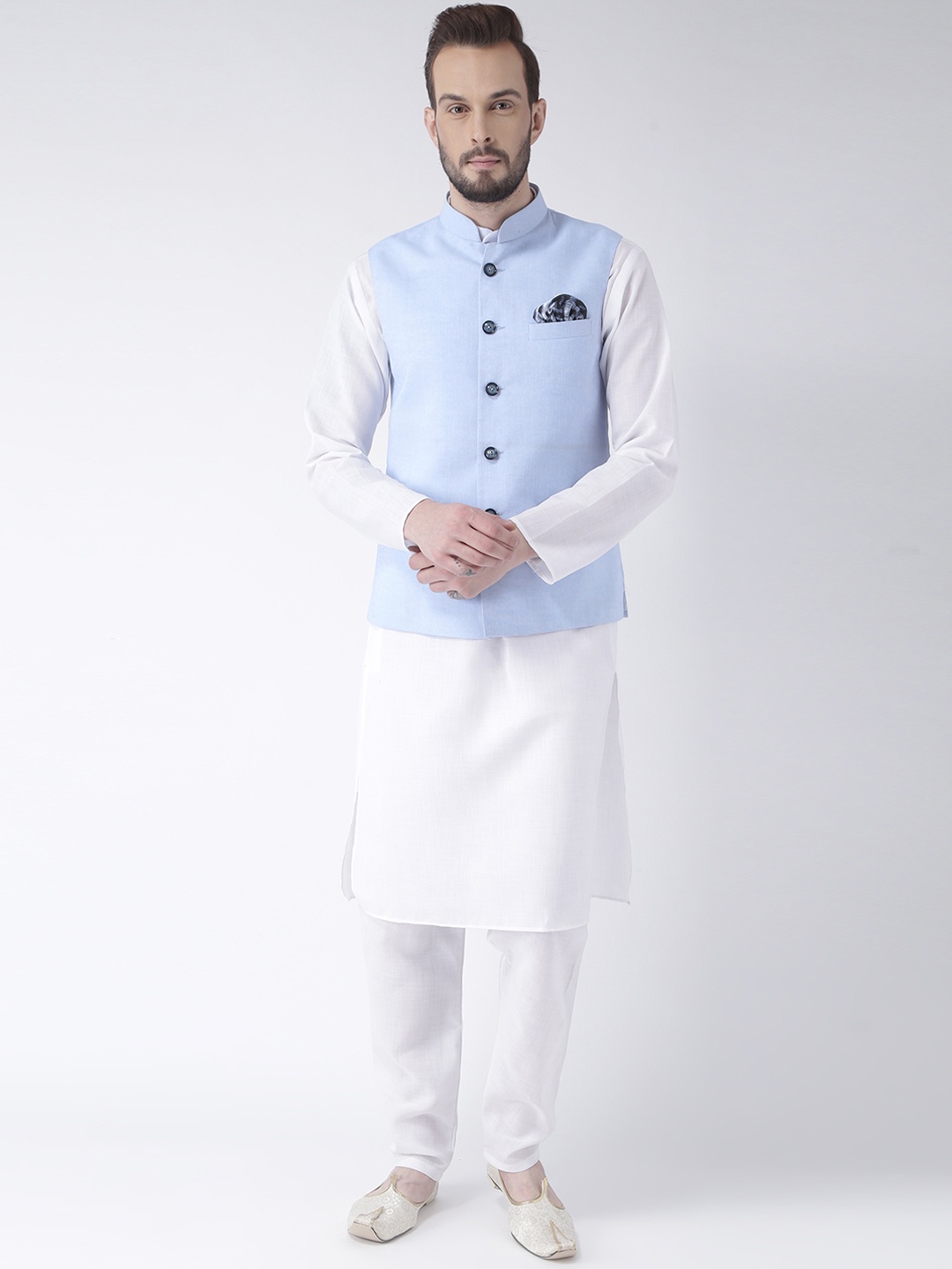 

Hangup Men White & Blue Solid Kurta with Pyjamas