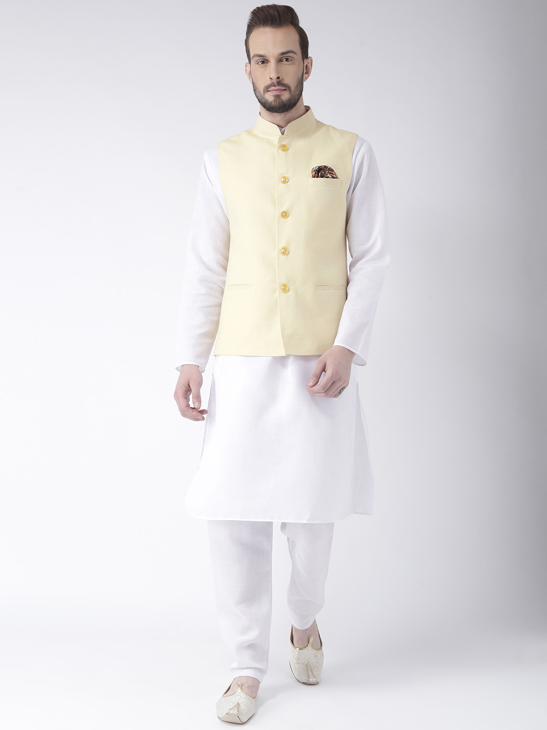

Hangup Men Yellow & White Solid Kurta with Pyjamas