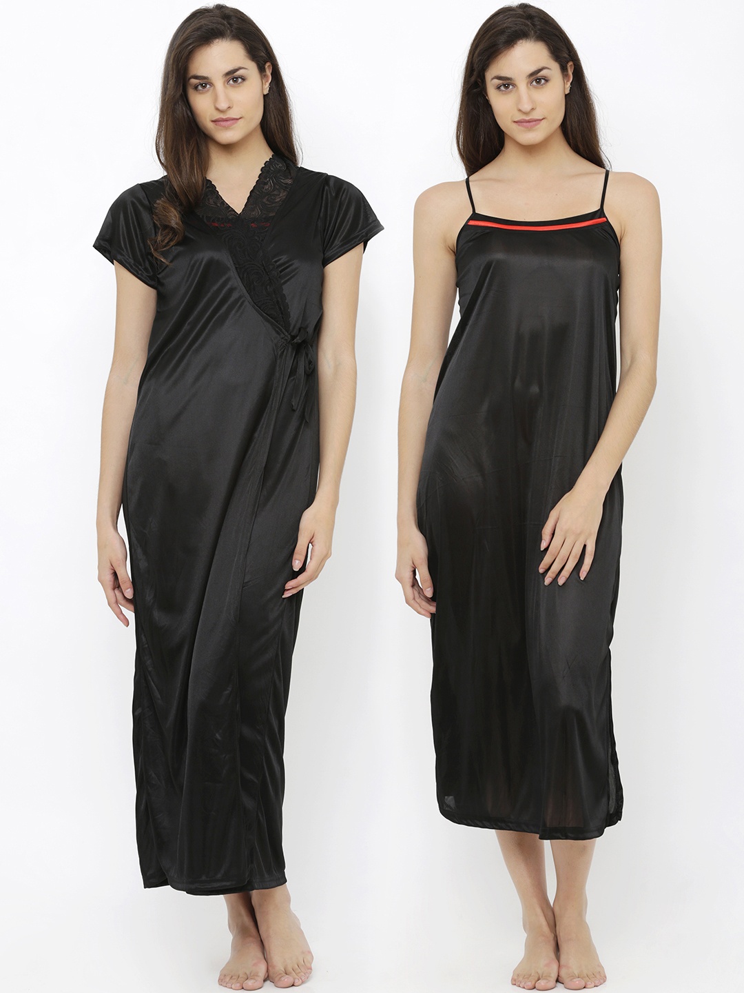

Pretty Awesome Black Satin Printed Nightdress PTAS20