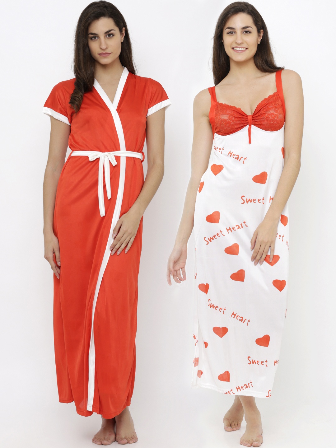 

Pretty Awesome Red & White Satin Printed Nightdress PTAS18