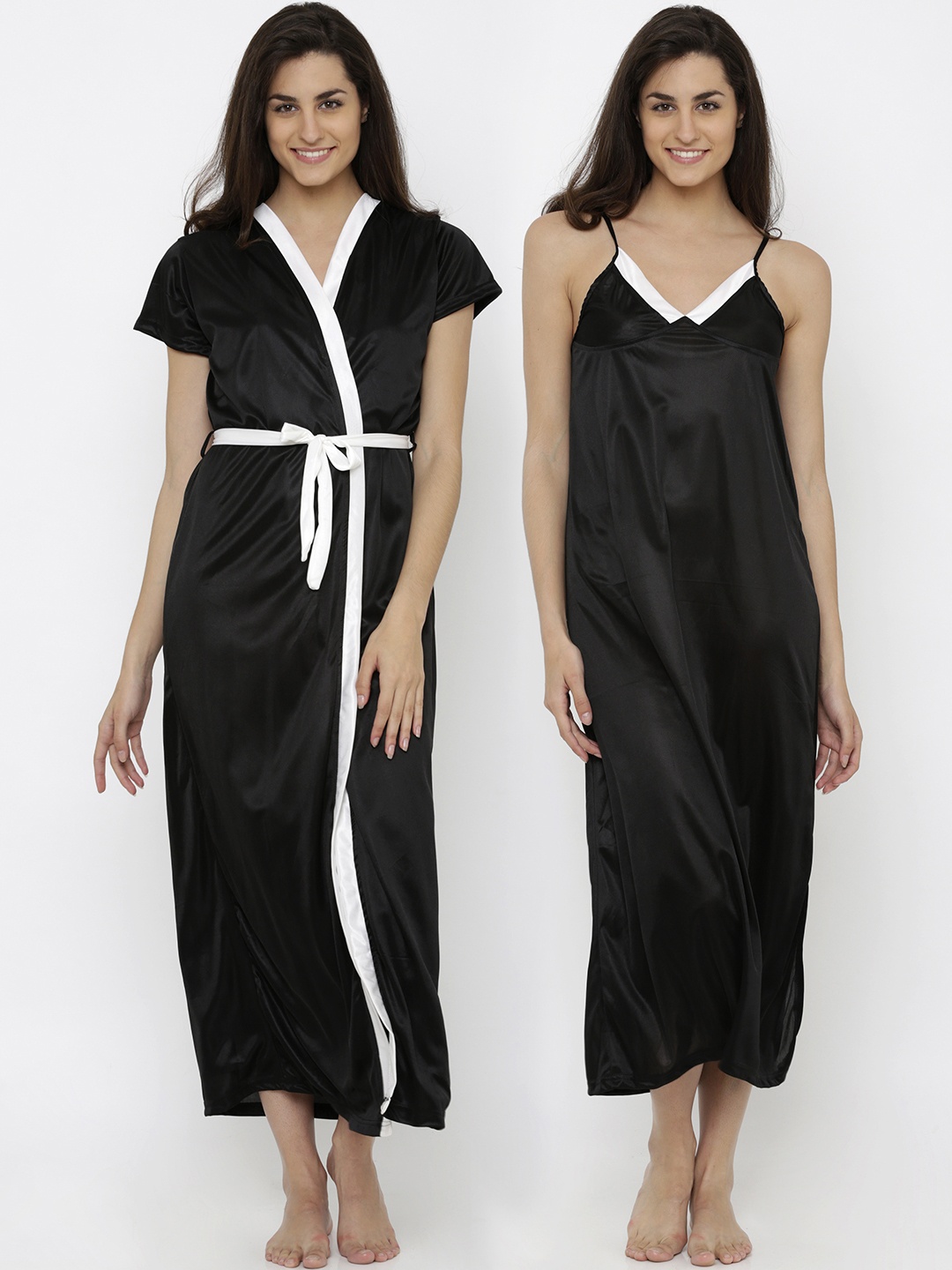 

Pretty Awesome Black & White Satin Solid Nightdress PTAS14