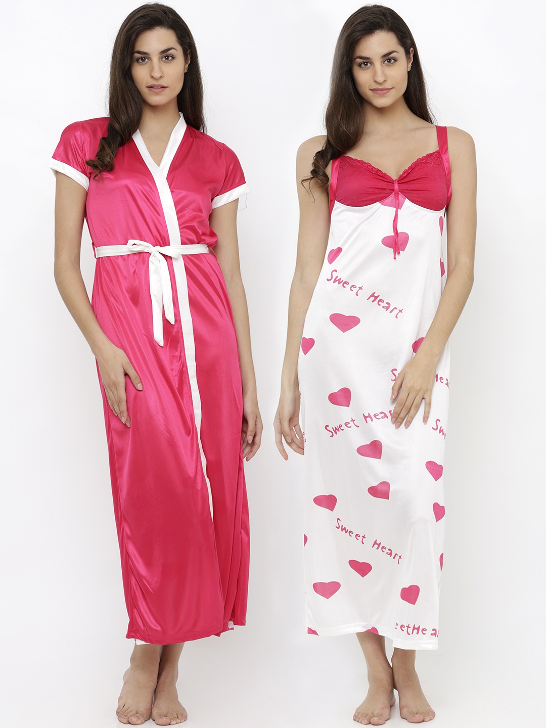 

Pretty Awesome Pink & White Satin Printed Nightdress PTAS17