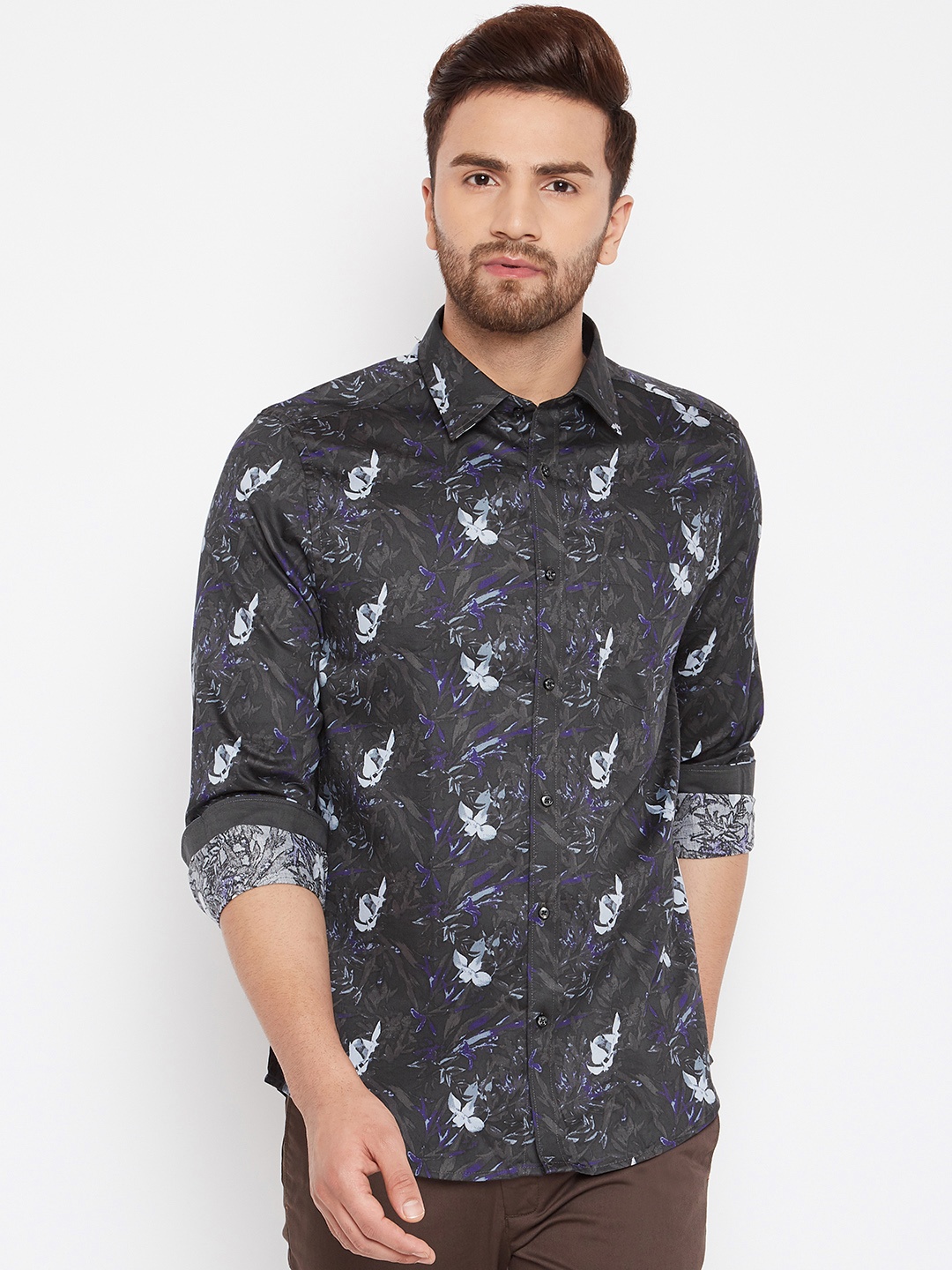

Blackberrys Men Charcoal Grey Slim Fit Printed Casual Shirt
