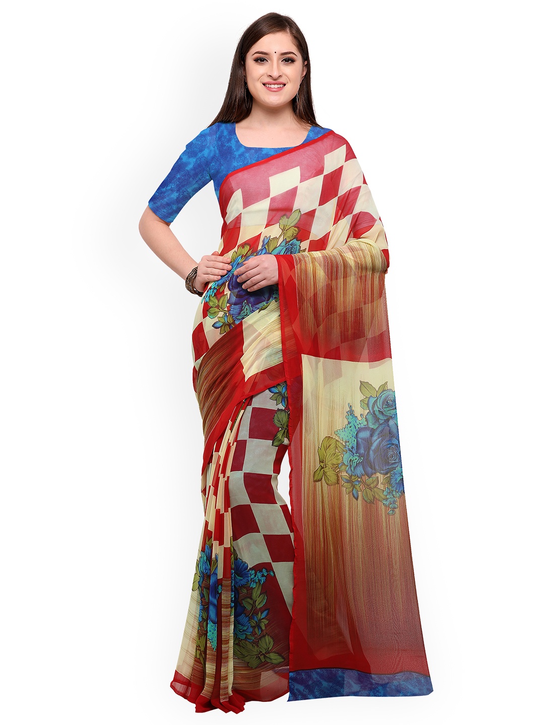 

Mitera Beige & Red Poly Georgette Printed Saree