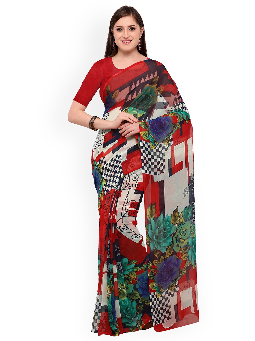 

Blissta Red & Multicoloured Printed Saree