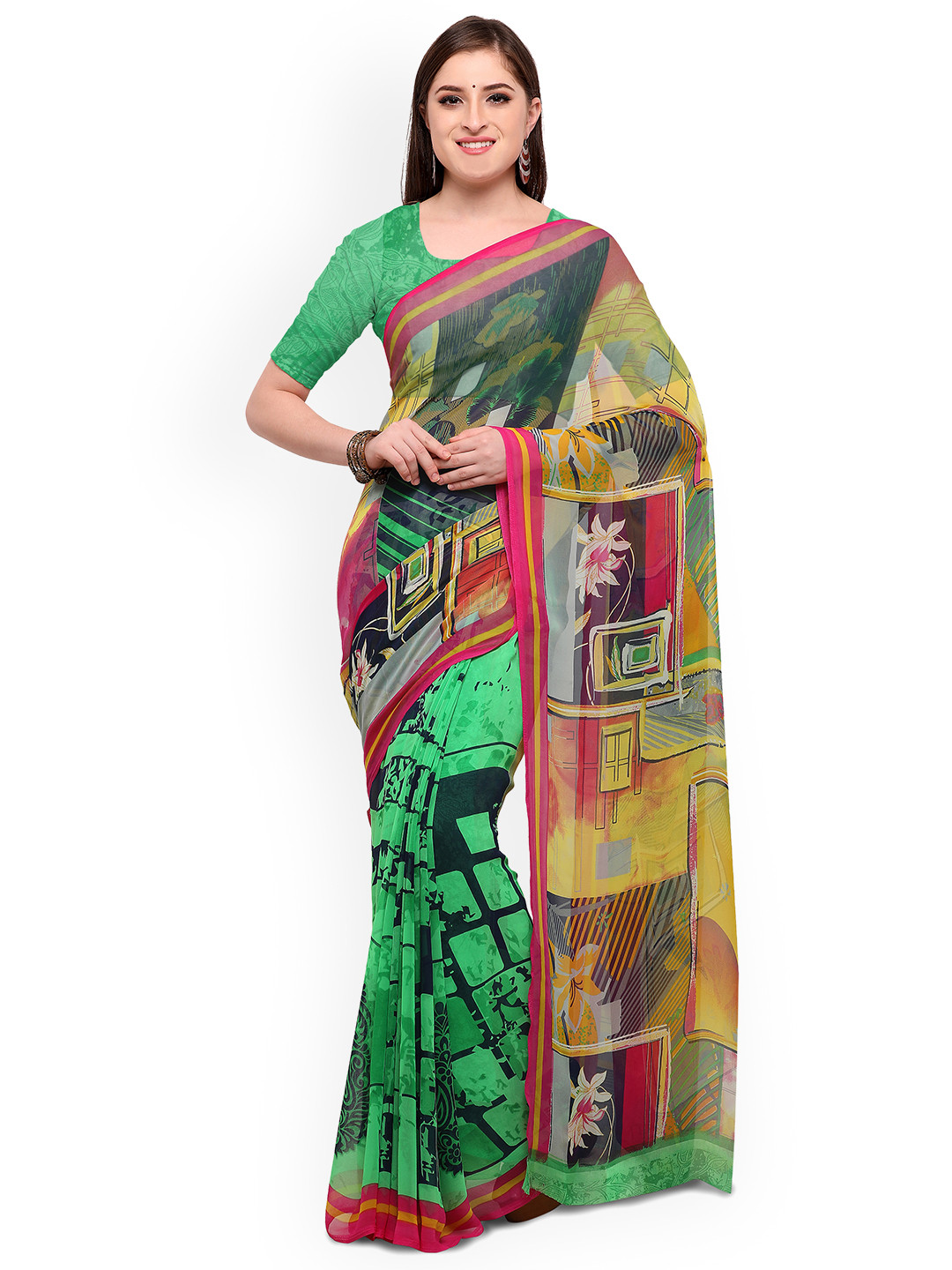 

Blissta Green & Multicoloured Printed Saree