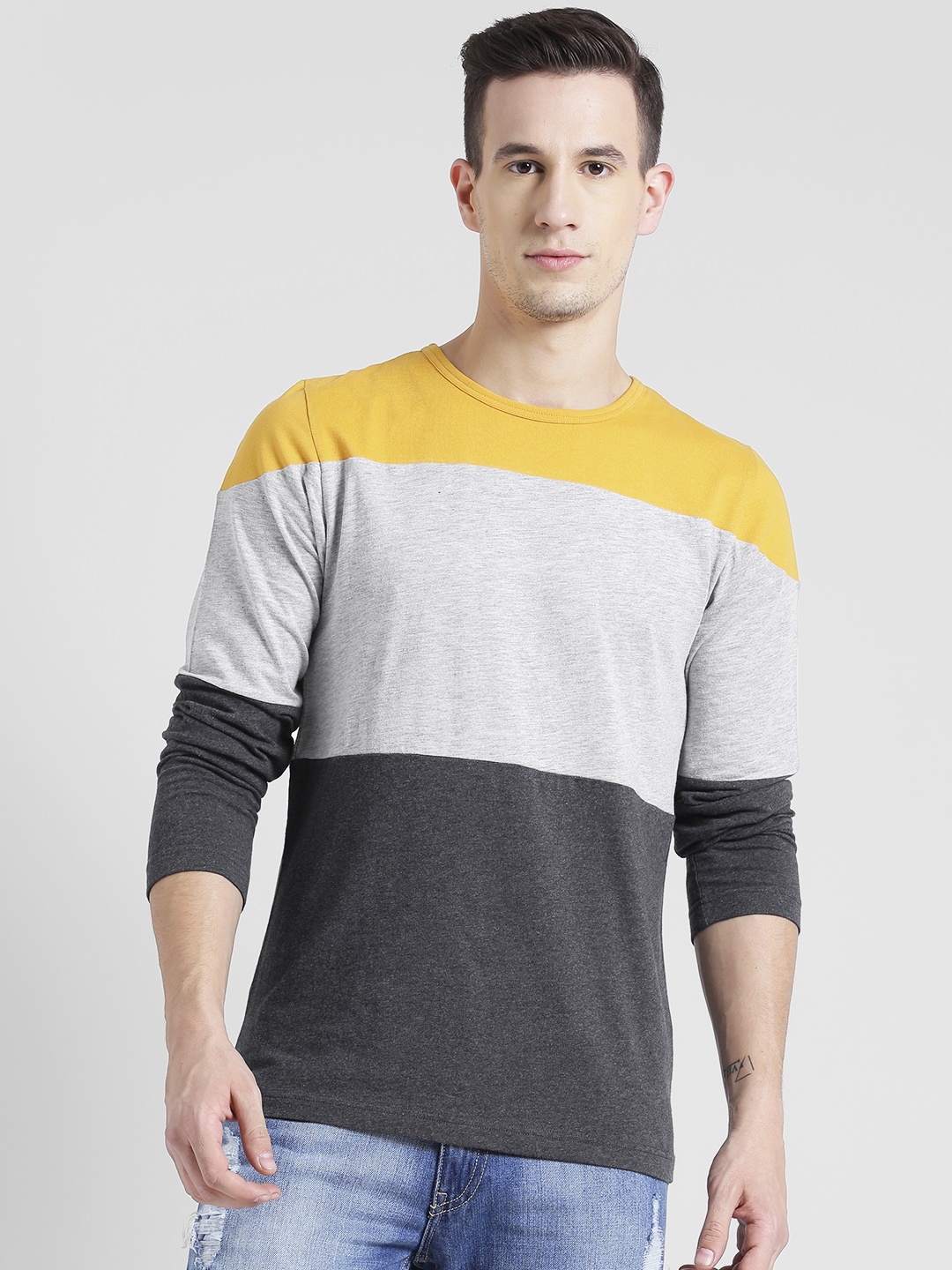

Rigo Colourblocked Pure Cotton T-Shirt, Grey