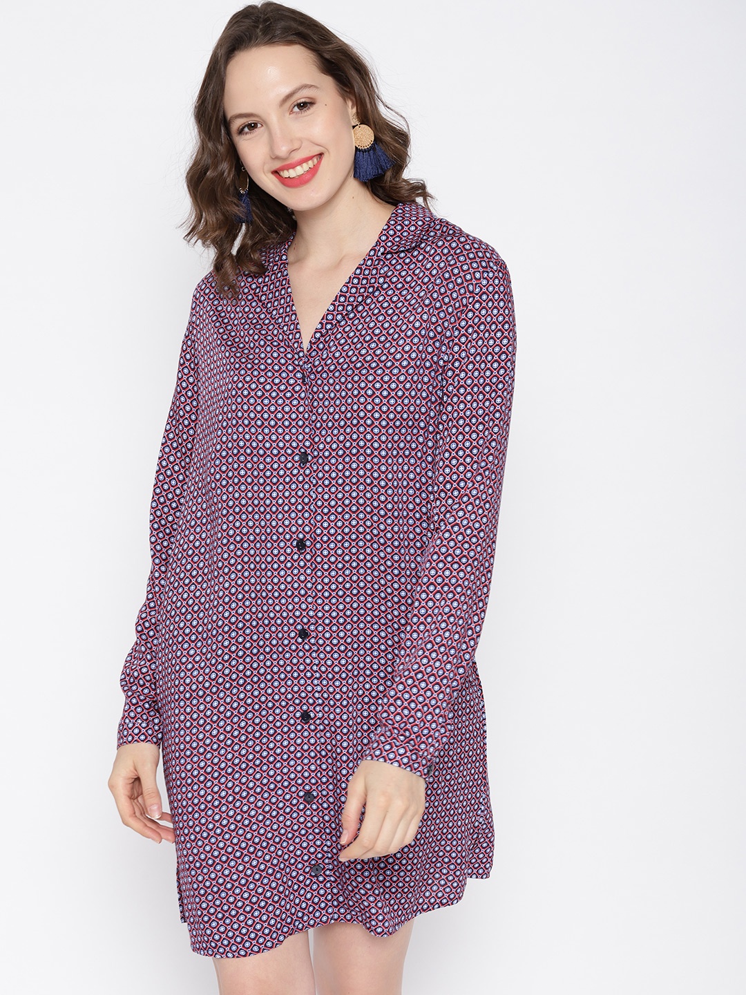 

MANGO Women Blue & Red Printed Shirt Dress