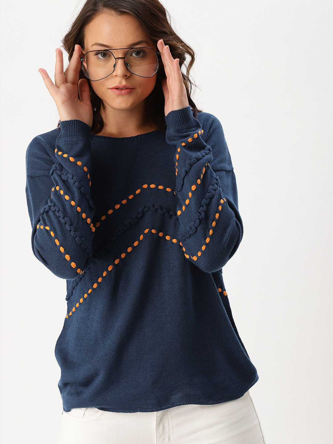 

DressBerry Women Navy Blue Self Design Pullover