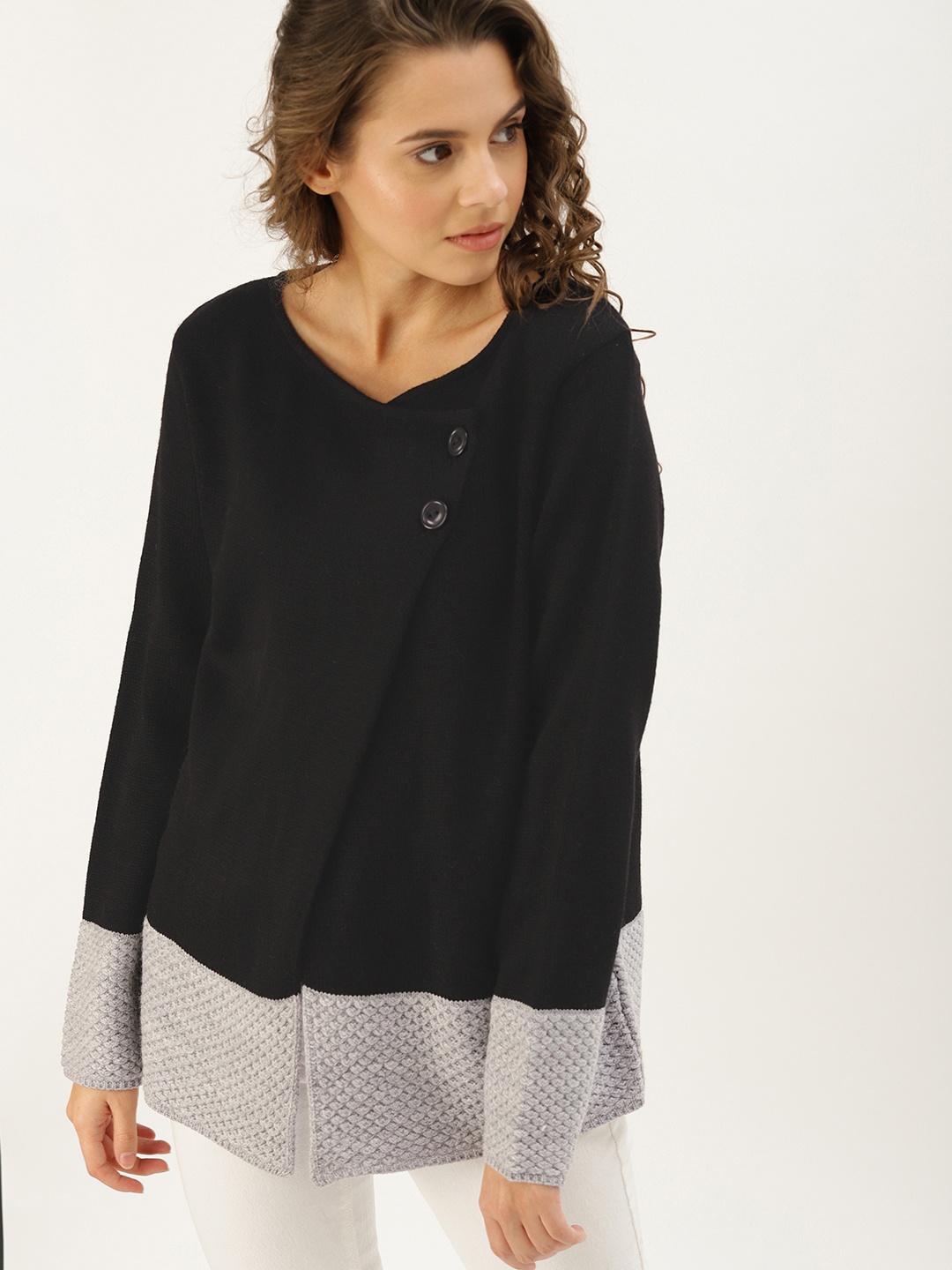 

DressBerry Women Black & Grey Colourblocked Front-Open Sweater