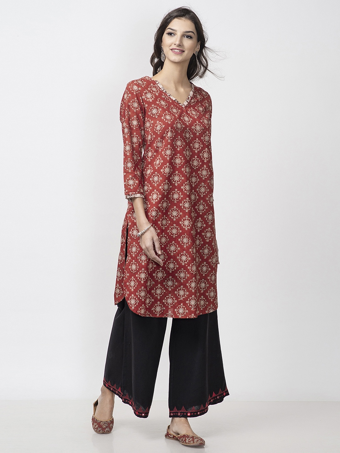 

Fabindia Women Rust Brown & Beige Handblock Print Straight Kurta
