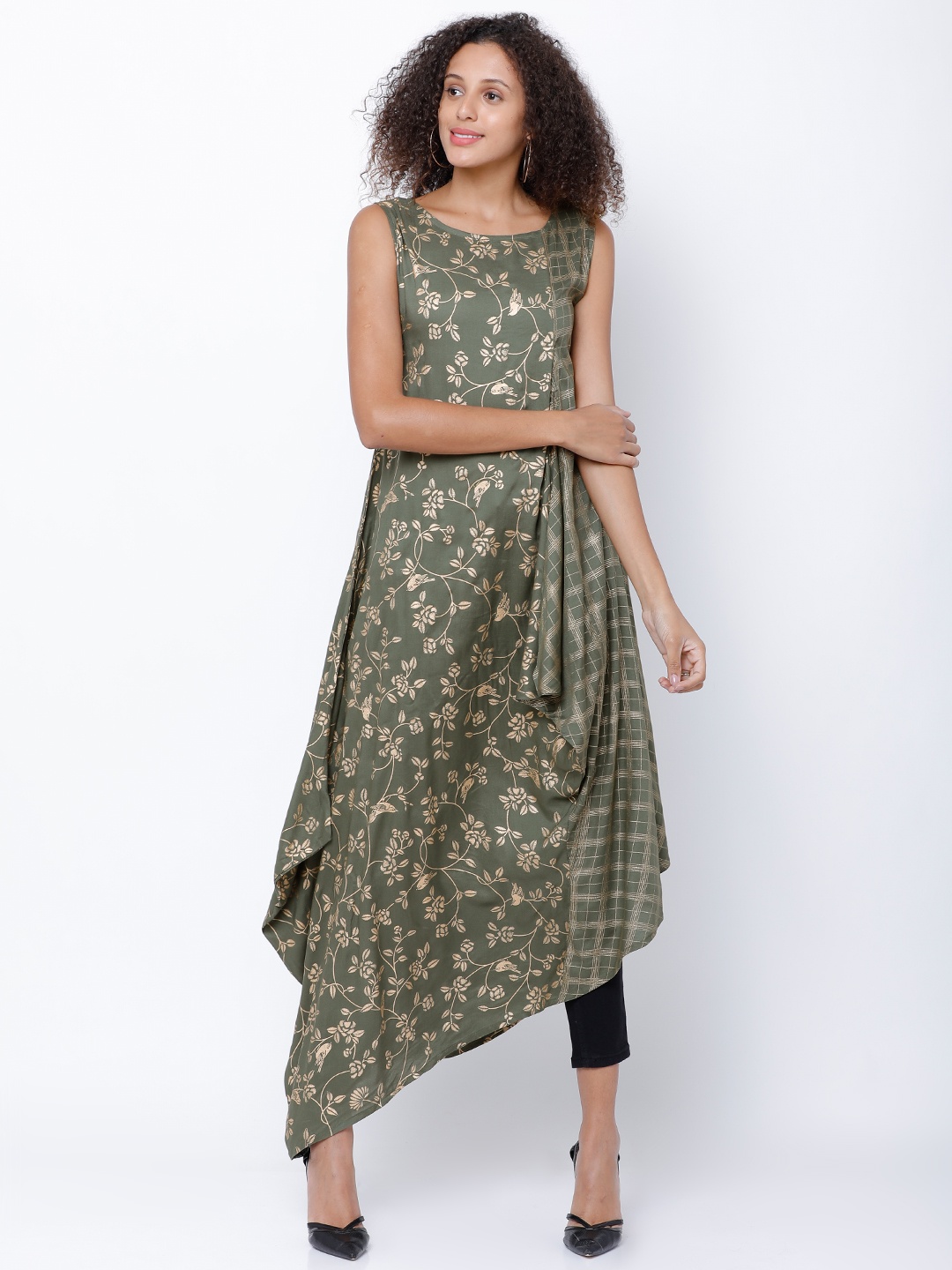 

Vishudh Women Olive Green Printed A-Line Asymmetric Kurta