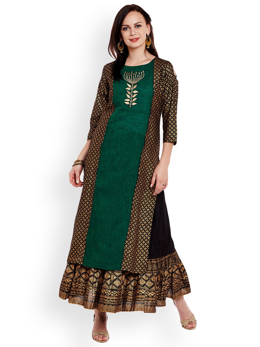 

Varanga Women Green & Black Embroidered Kurta with Skirt