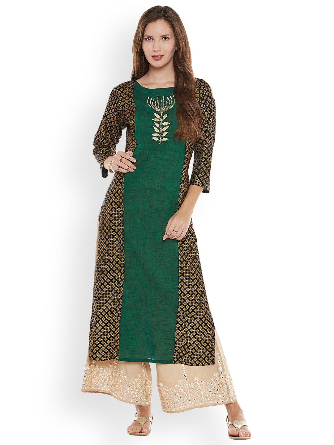 

Varanga Women Green & Beige Printed Kurta with Palazzos