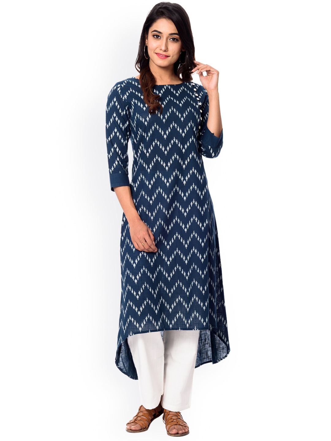 

anayna Women Navy Blue & White Printed A-Line Kurta