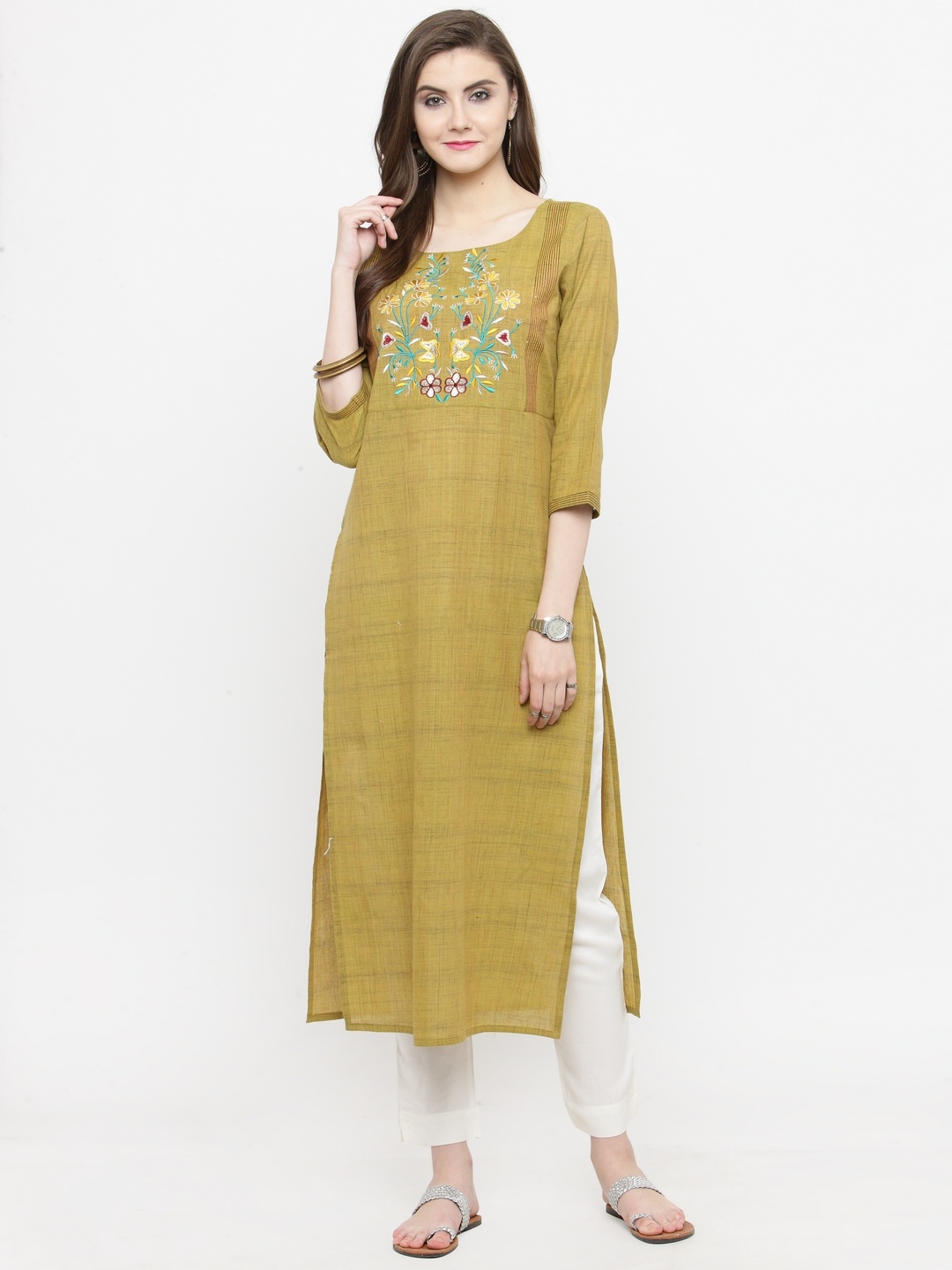 

Varanga Women Olive Green Embroidered Kurta with Trousers